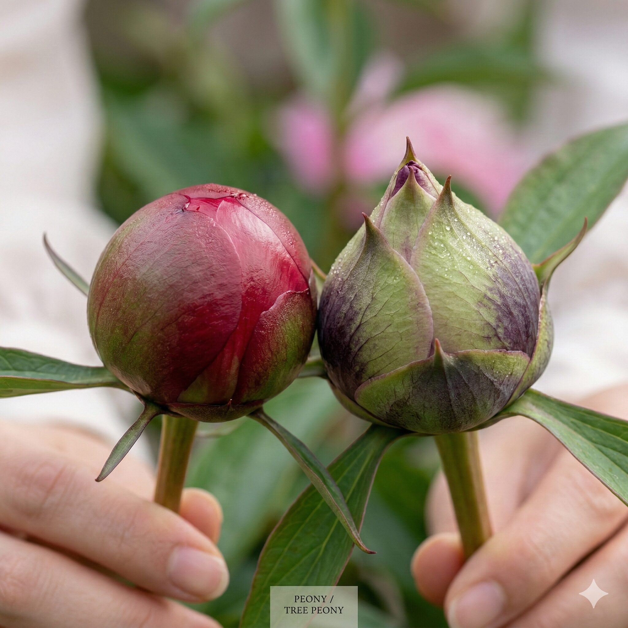 シャクヤクに似た花4　丸い形をしたシャクヤクの蕾と、先端が尖った牡丹の蕾の形状の違い。