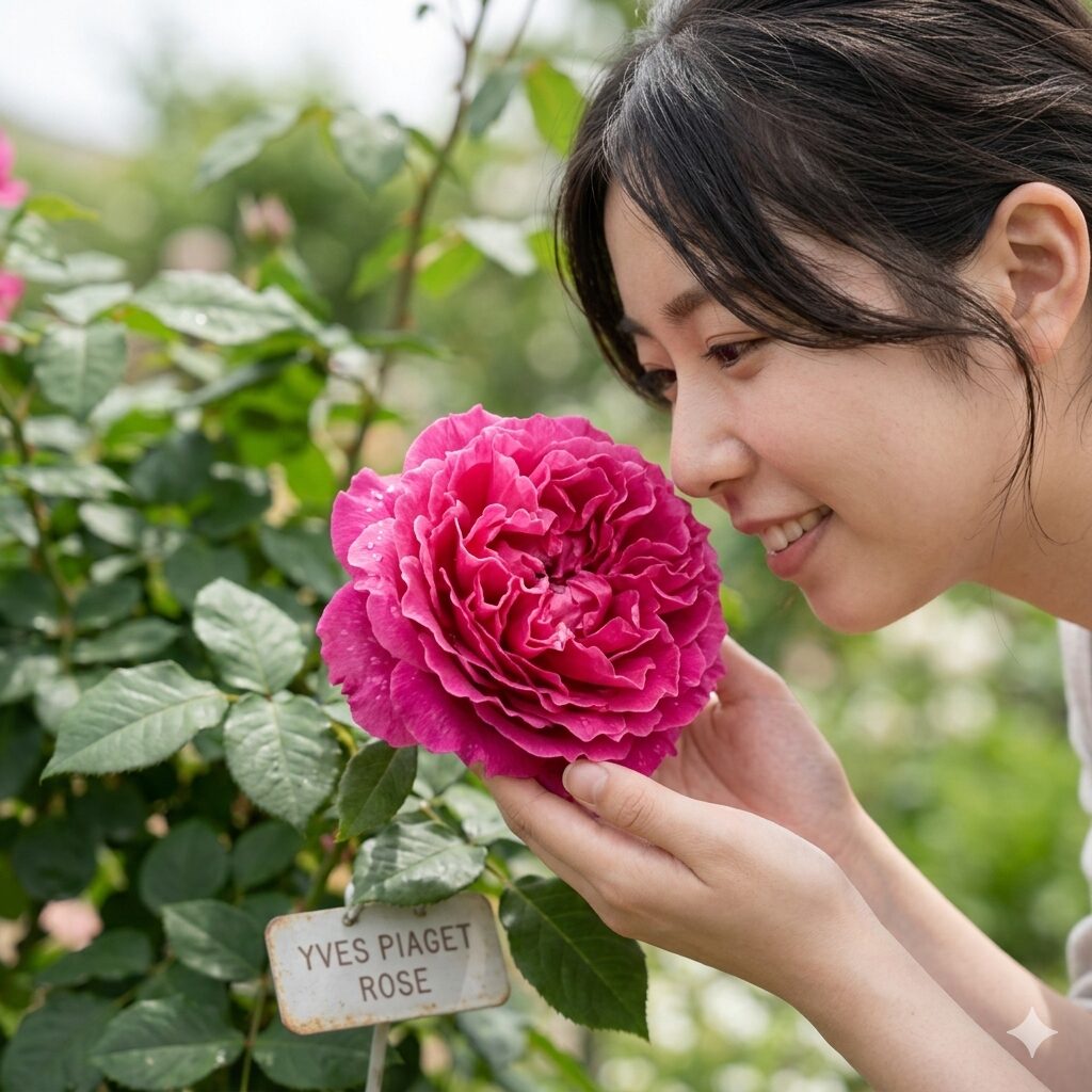 シャクヤクに似た花8　芍薬咲きのバラとして人気の高い、フリル状の花弁が美しいイブ・ピアッチェ。