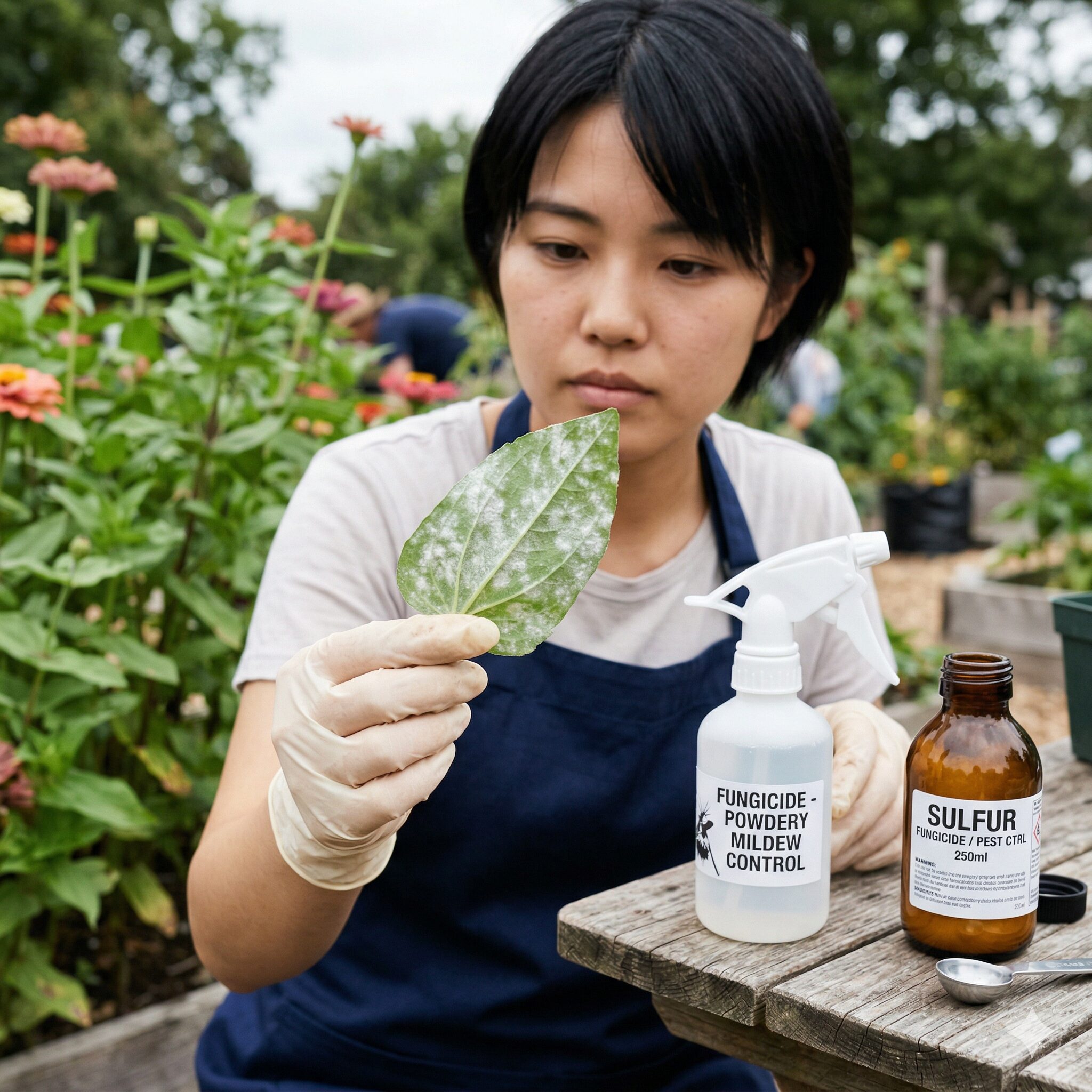 ジニア 人気 品種10　ジニアの葉に発生したうどんこ病の症状と対策薬剤