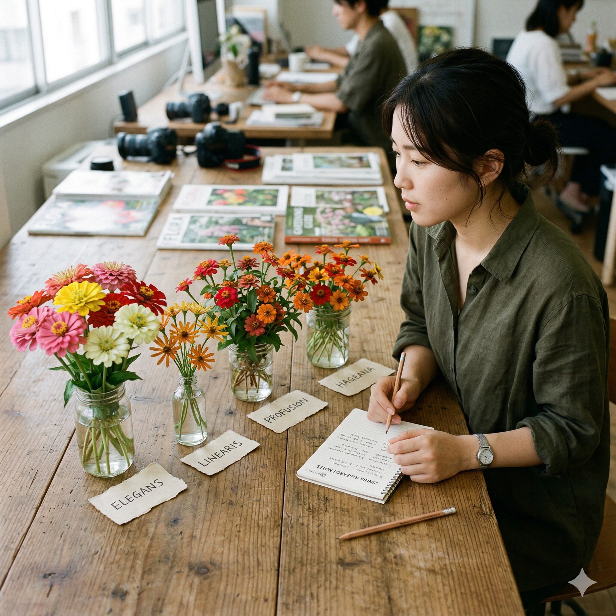 ジニア 人気 品種2　ジニアの4大系統（エレガンス、リネアリス、プロフュージョン、ハーゲアナ）の比較写真