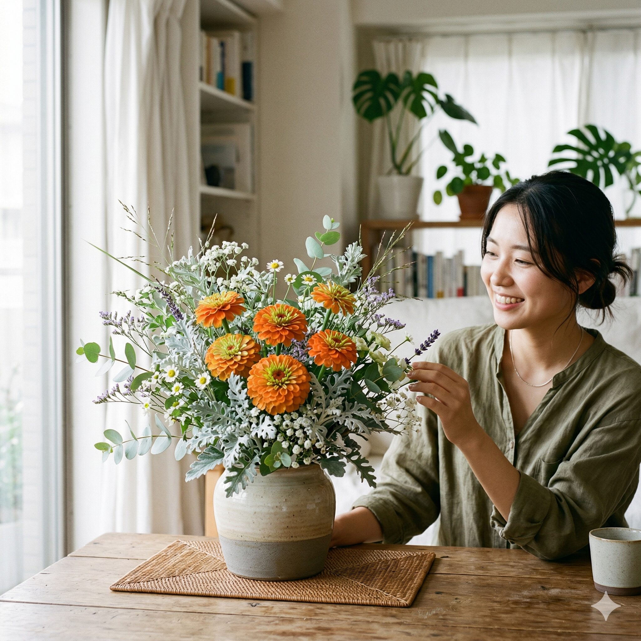 ジニア 人気 品種4　クイーンシリーズのジニアを使ったアンティークなフラワーアレンジメント