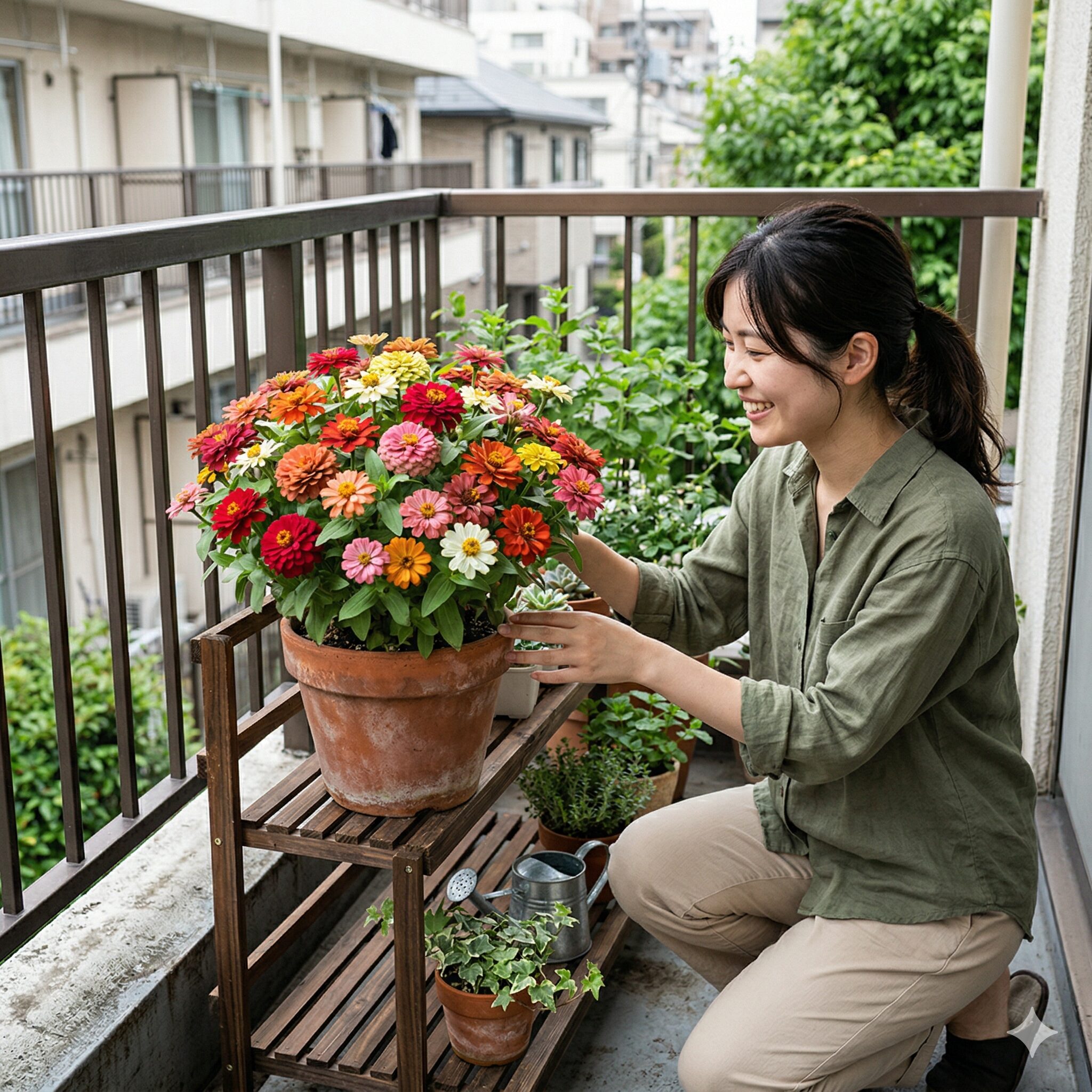 ジニア 人気 品種6　ベランダ栽培に最適な矮性大輪品種F1プレシオーサの鉢植え
