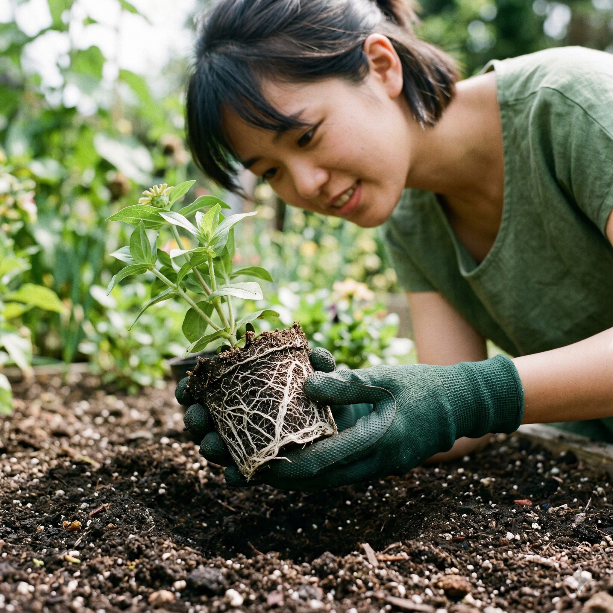 ジニア 人気 品種7　ジニアの根を傷めない正しい植え付け方法（根鉢を崩さない様子）