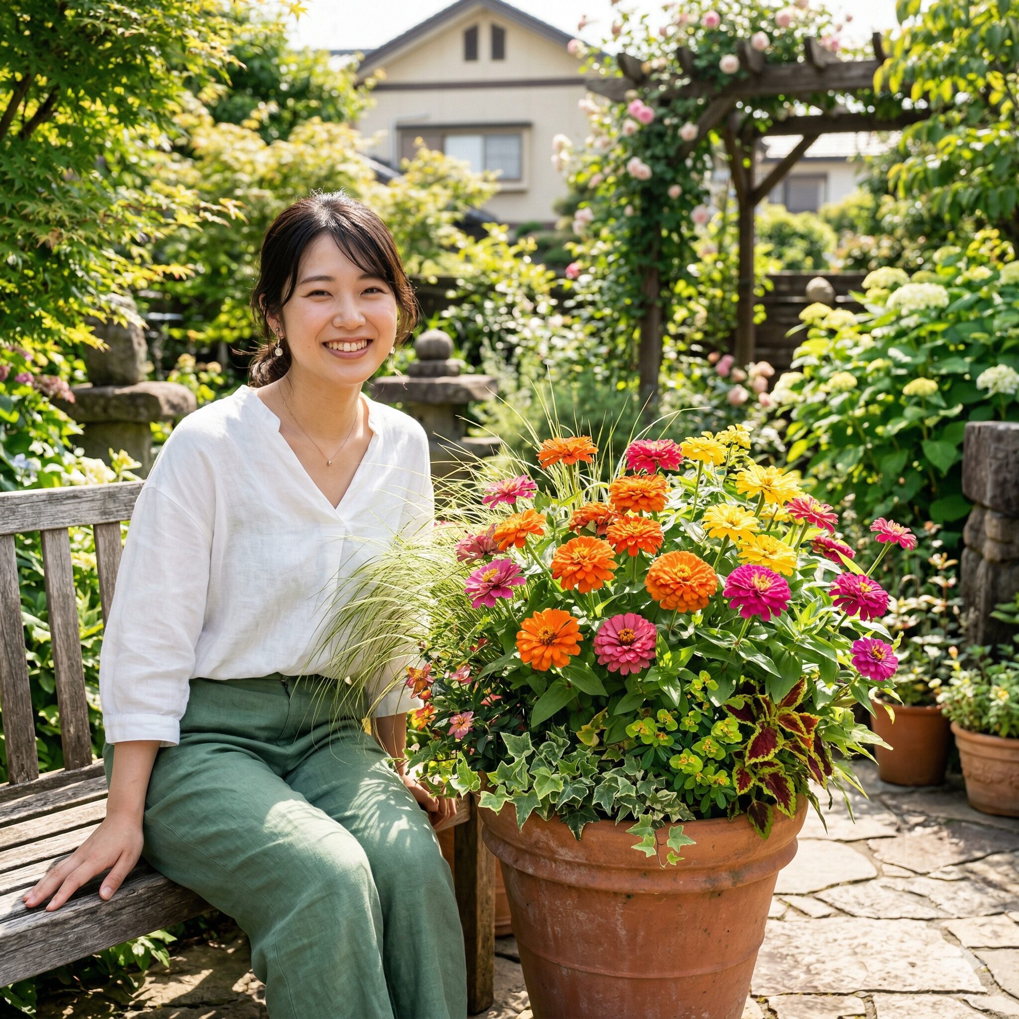 ジニア 寄せ植え 相性1　夏のテラスを彩る色鮮やかなジニアのおしゃれな寄せ植えのアイキャッチ画像