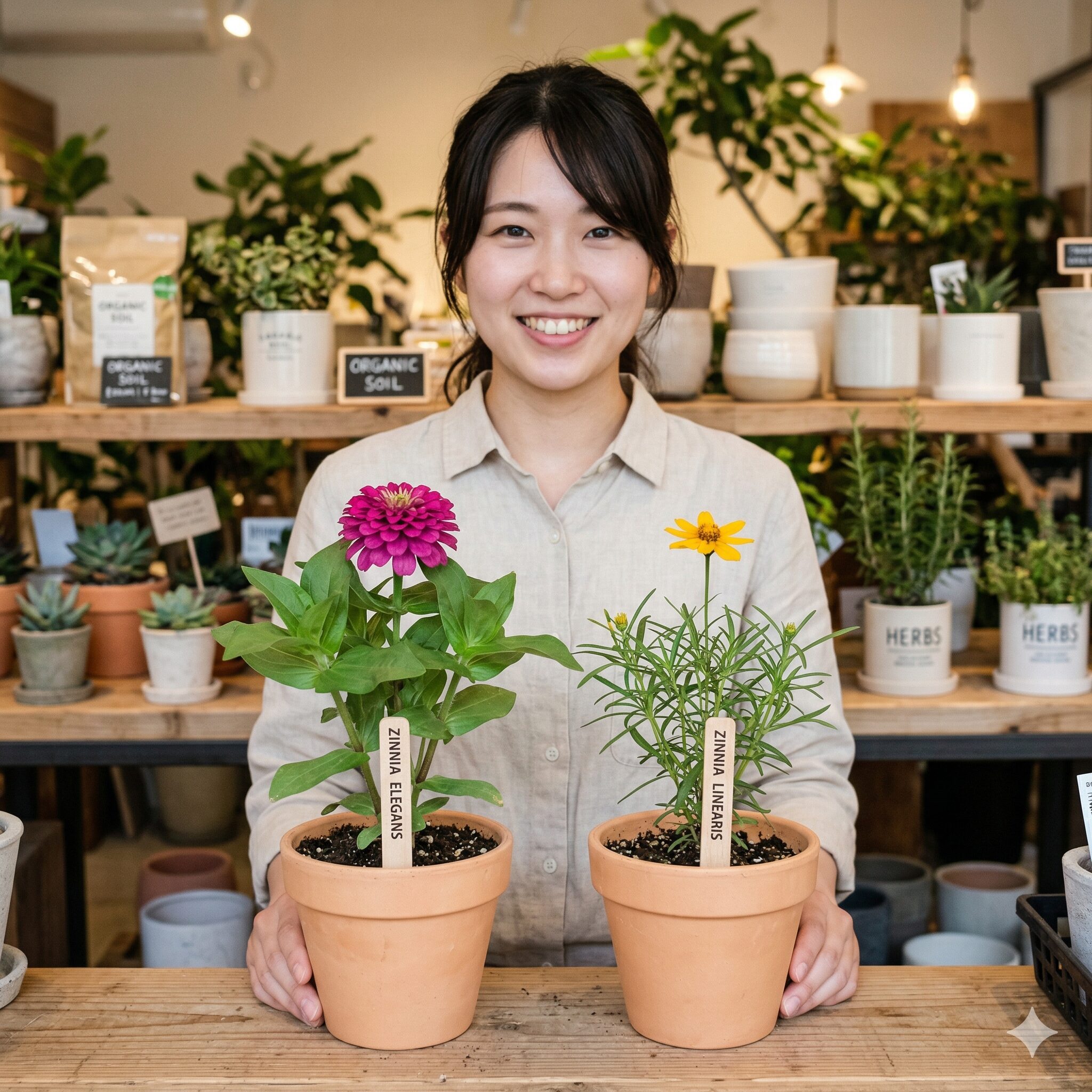 ジニア 寄せ植え 相性2　大輪のジニア・エレガンスと繊細なジニア・リネアリスの花姿の比較