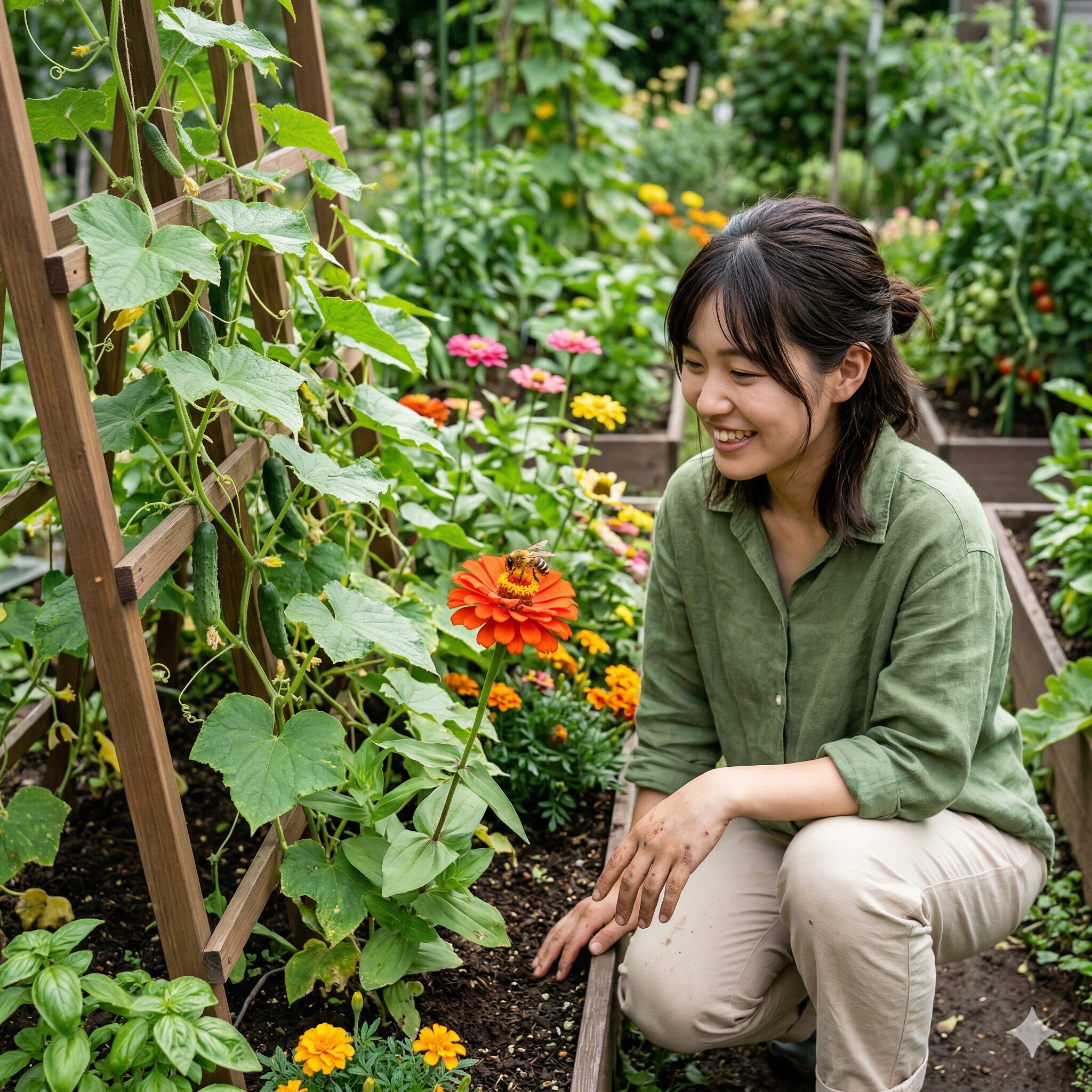 ジニア 寄せ植え 相性5　菜園で野菜の受粉を助けるコンパニオンプランツとしてのジニアとミツバチ