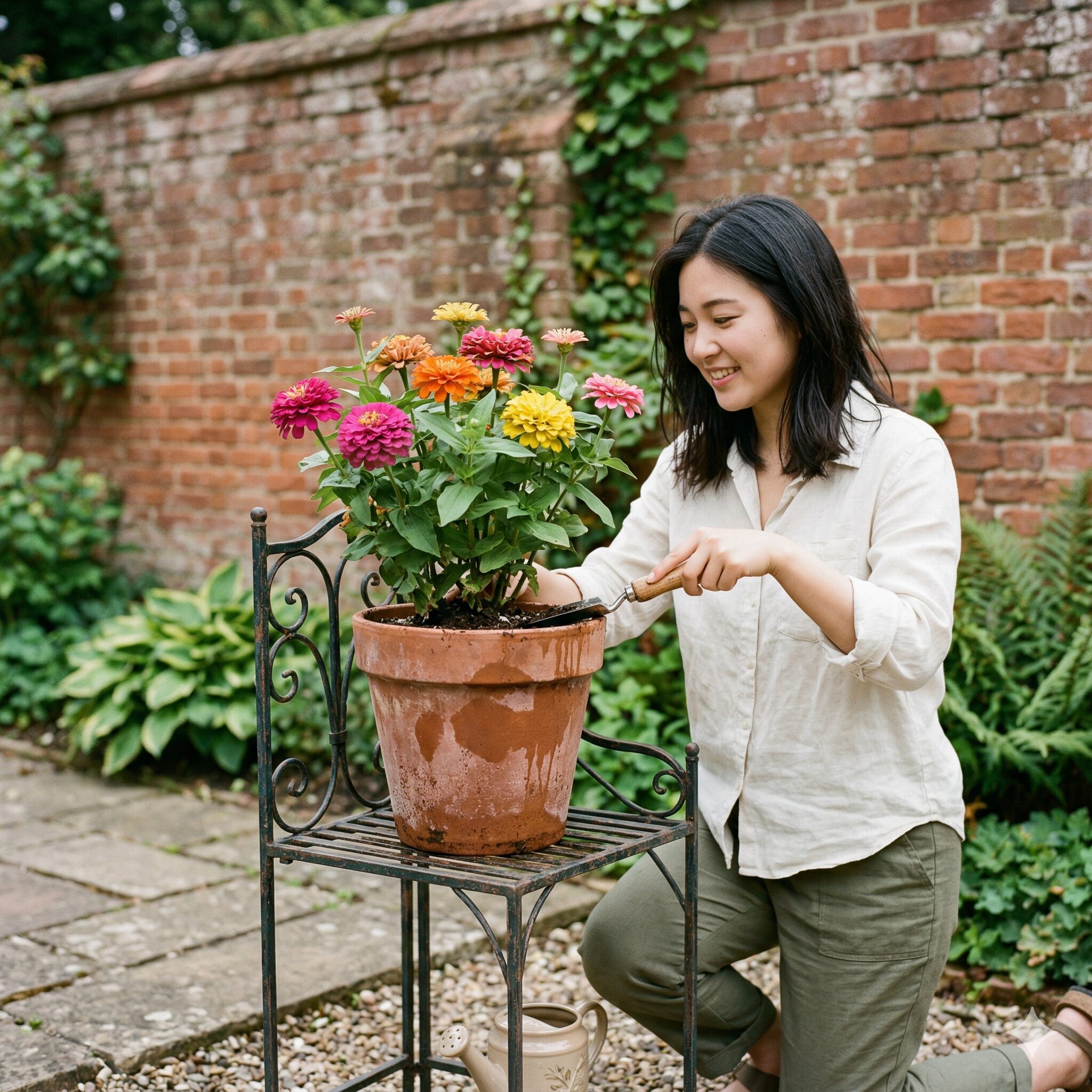 ジニア 寄せ植え 相性6　通気性の良いテラコッタ鉢とスタンドを活用したジニアの栽培環境