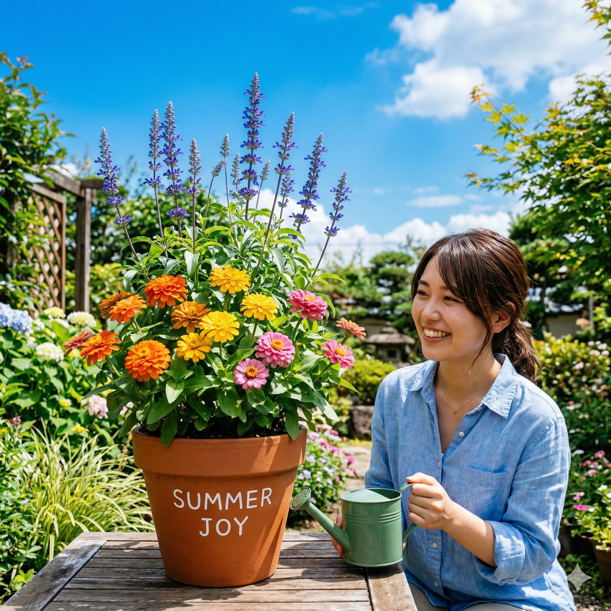 ジニア 寄せ植え 相性8　ジニアとブルーサルビアを組み合わせた立体的で夏らしい寄せ植え