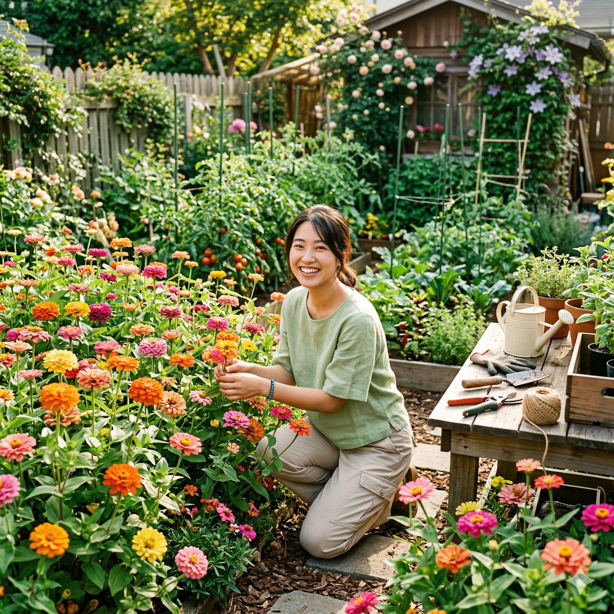 ジニア 種 どこ1　夏の庭で色鮮やかに咲き誇るカラフルなジニア（百日草）の風景