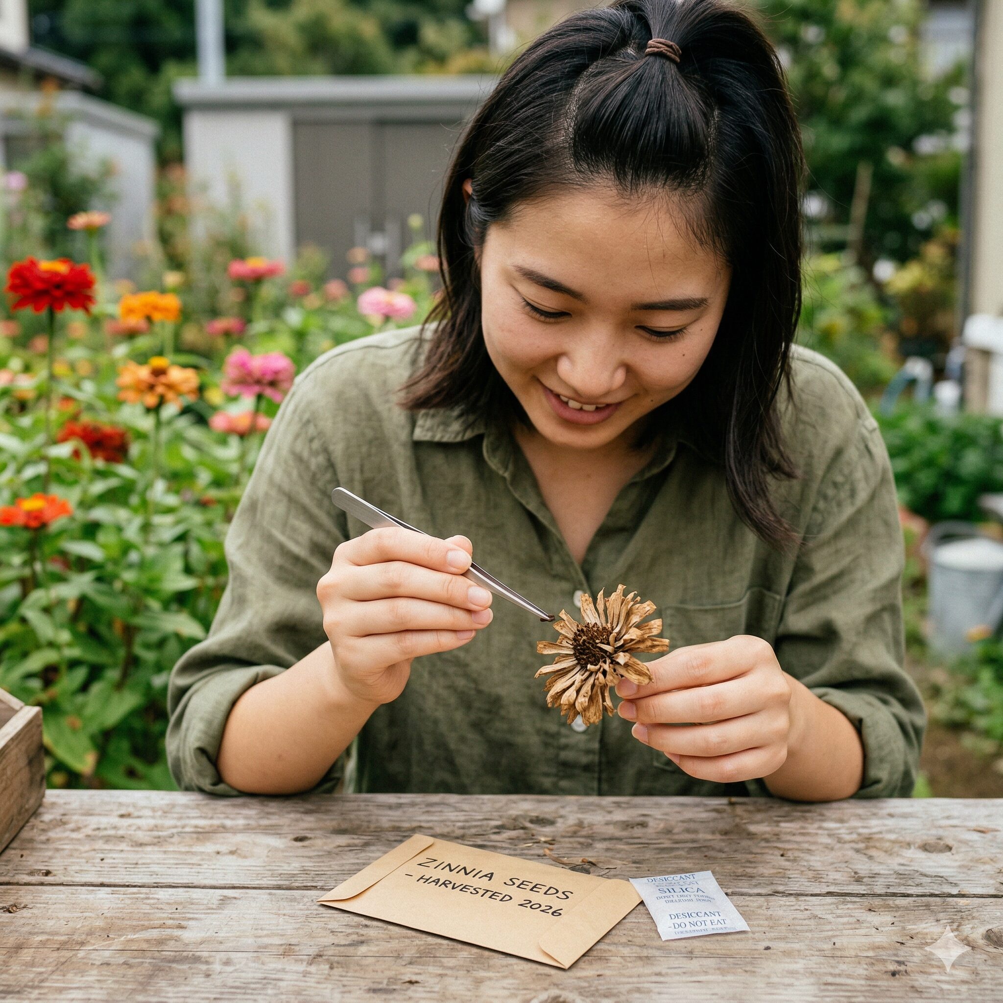 ジニア 種 どこ10　枯れたジニアの花から翌年のために種を採取する自家採種の様子