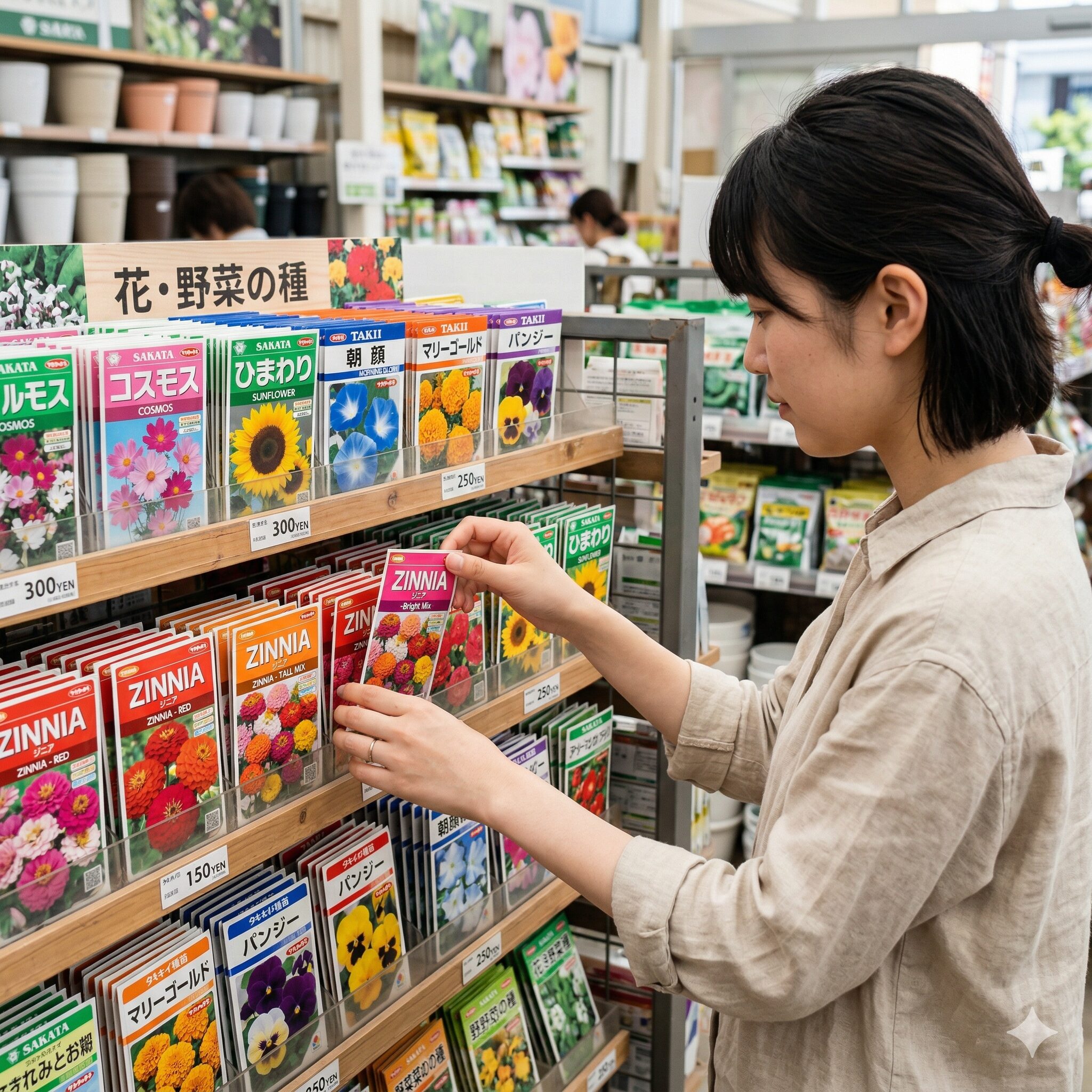 ジニア 種 どこ2　ホームセンターの種子売り場に並ぶメーカー製のジニアの種のパッケージ