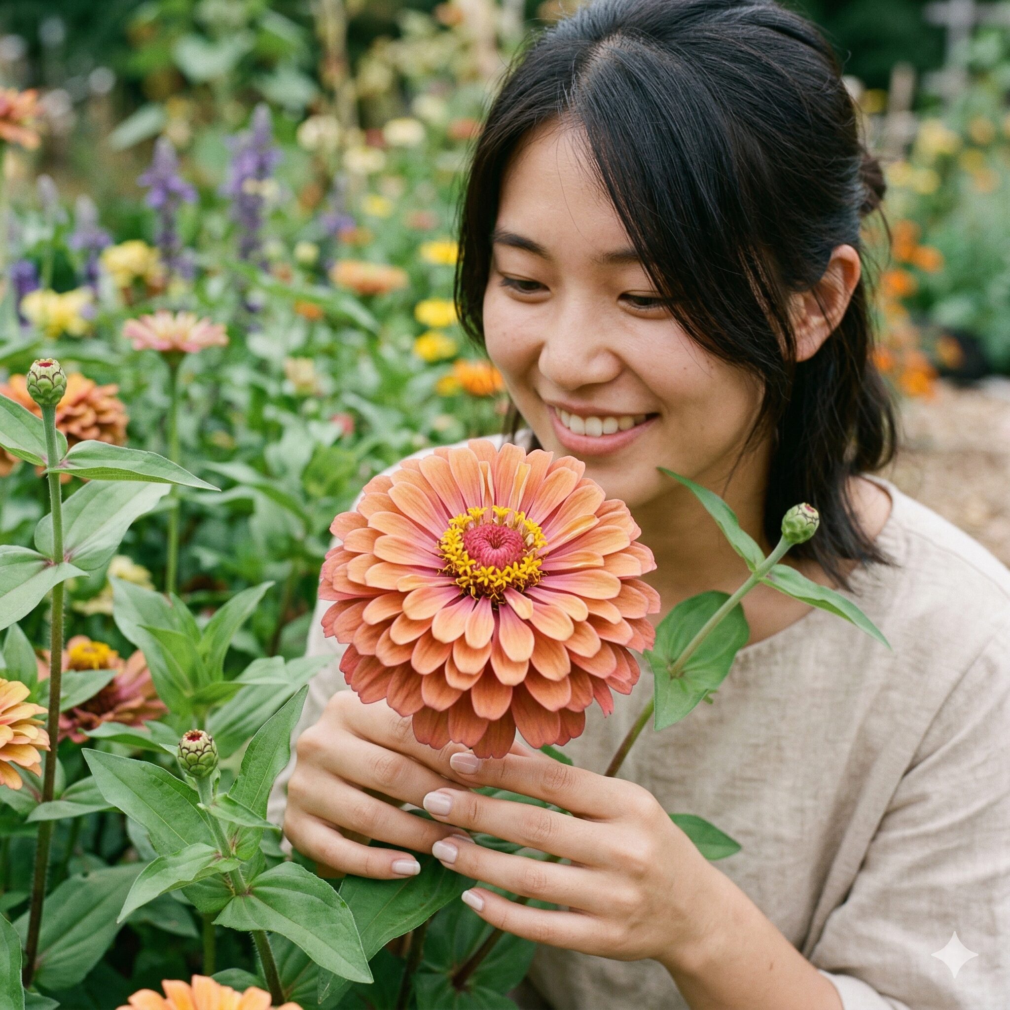 ジニア 種 どこ5　アンティークなグラデーションが魅力のジニア「ザハラ・ストロベリーブロンド」の接写