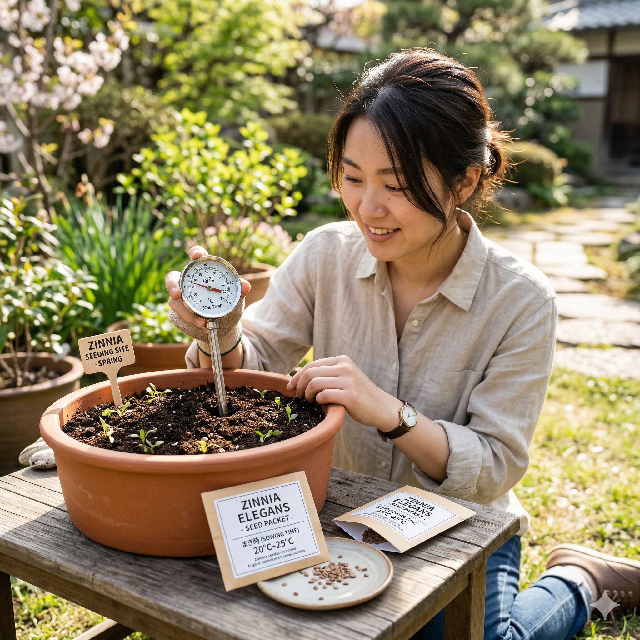ジニア 種 どこ7　ジニアの種まき前に土の温度（地温）を温度計で計測する様子