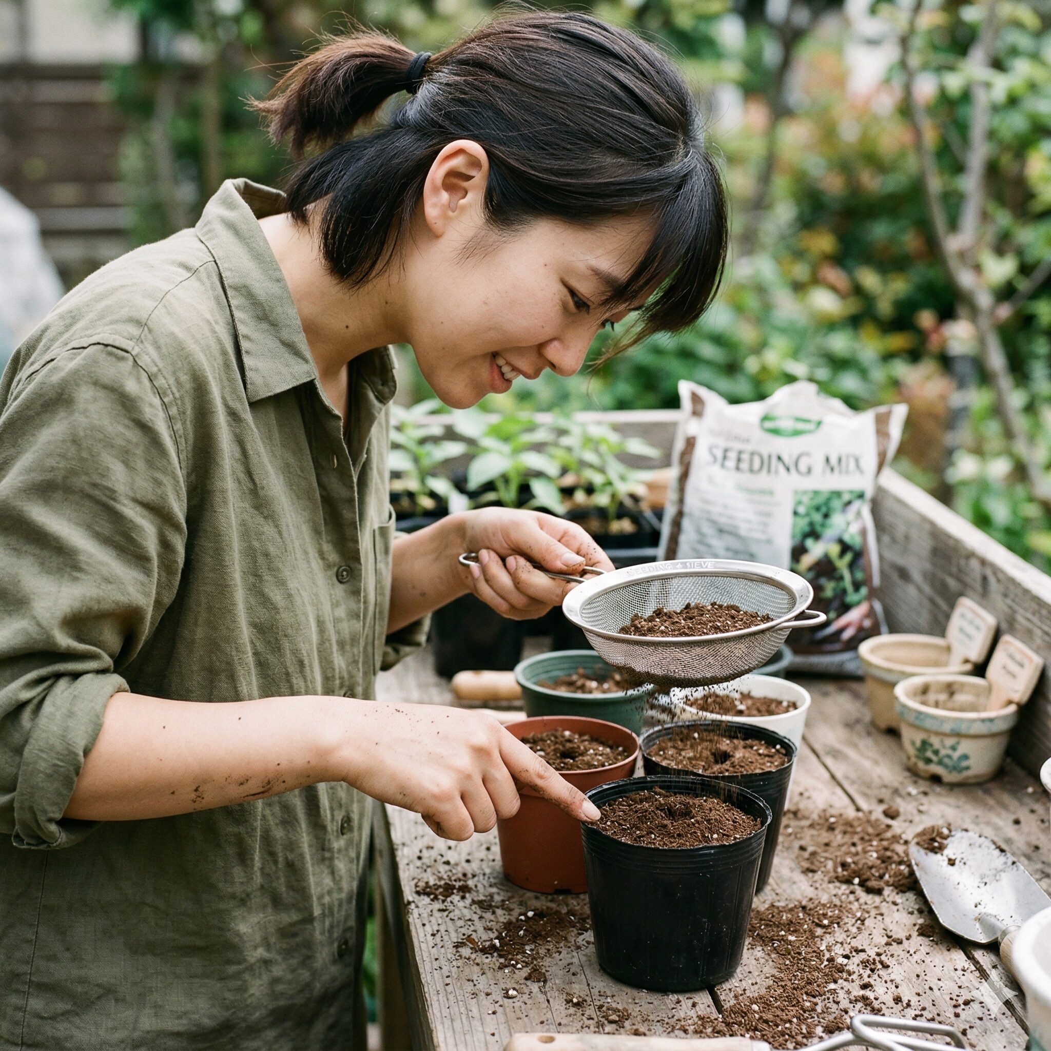 ジニア 種 どこ8　嫌光性種子のジニアに適切な厚さで土を被せる（覆土）種まき作業