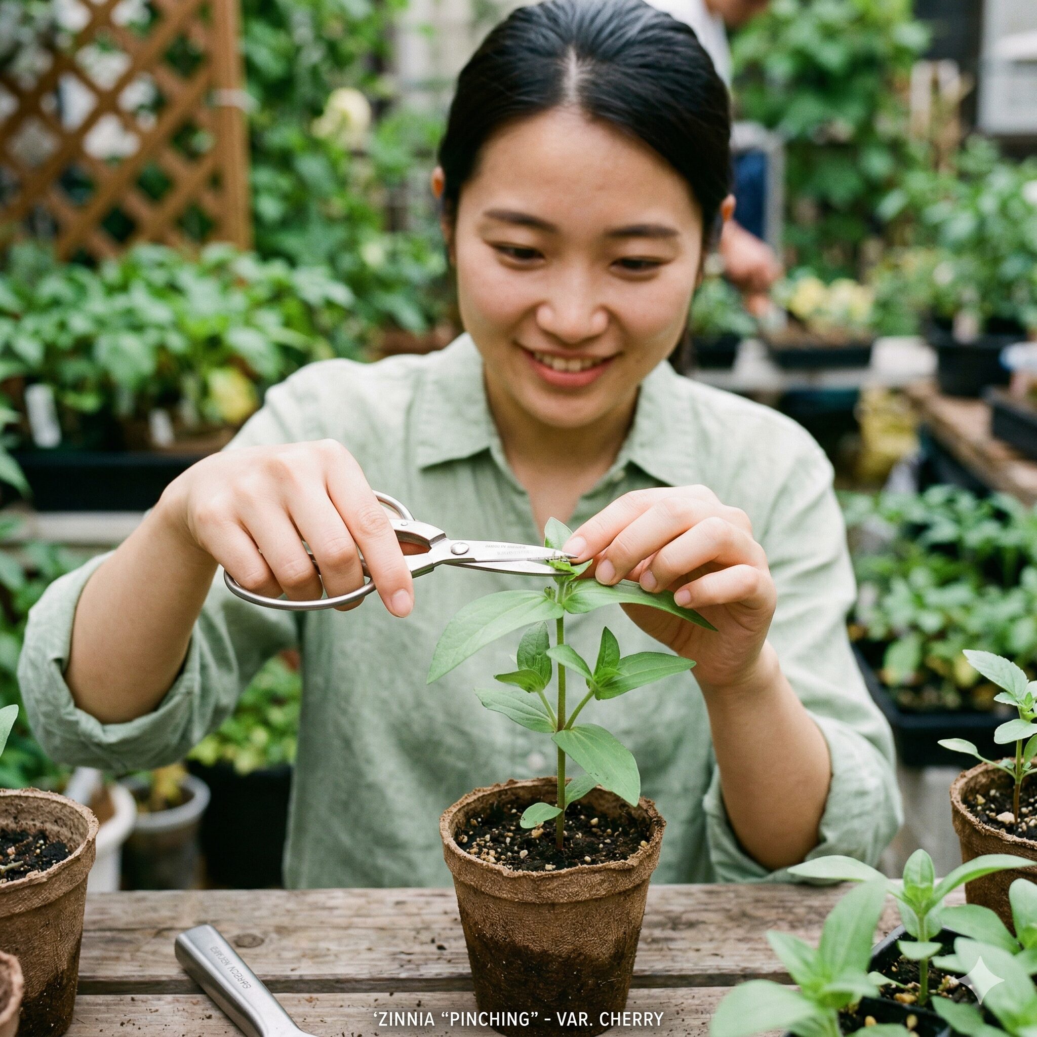 ジニア 種 どこ9　ジニアの花数を増やすために苗の先端をカットする摘心（ピンチ）の作業