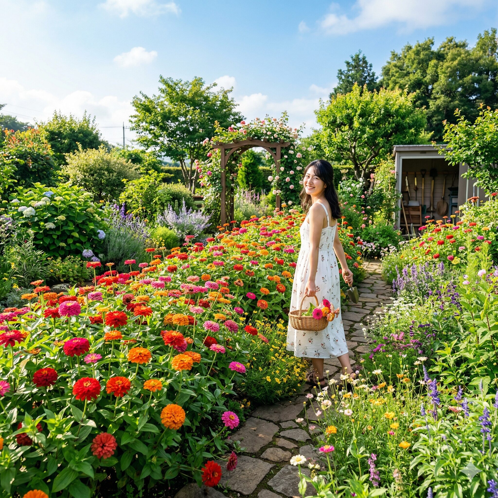 ジニア 育て方 種まき1　夏の花壇を彩る色とりどりのジニアが満開に咲き誇る美しい風景。