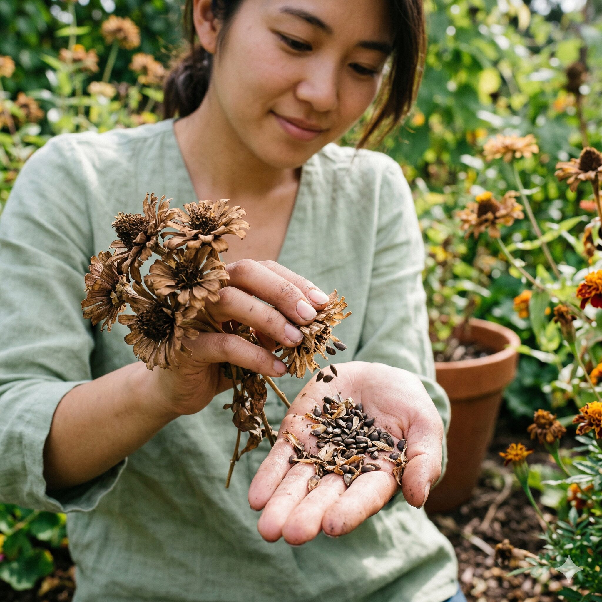 ジニア 育て方 種まき10 翌年の種まきのために秋に枯れたジニアの花から完熟した種を自家採種する様子。