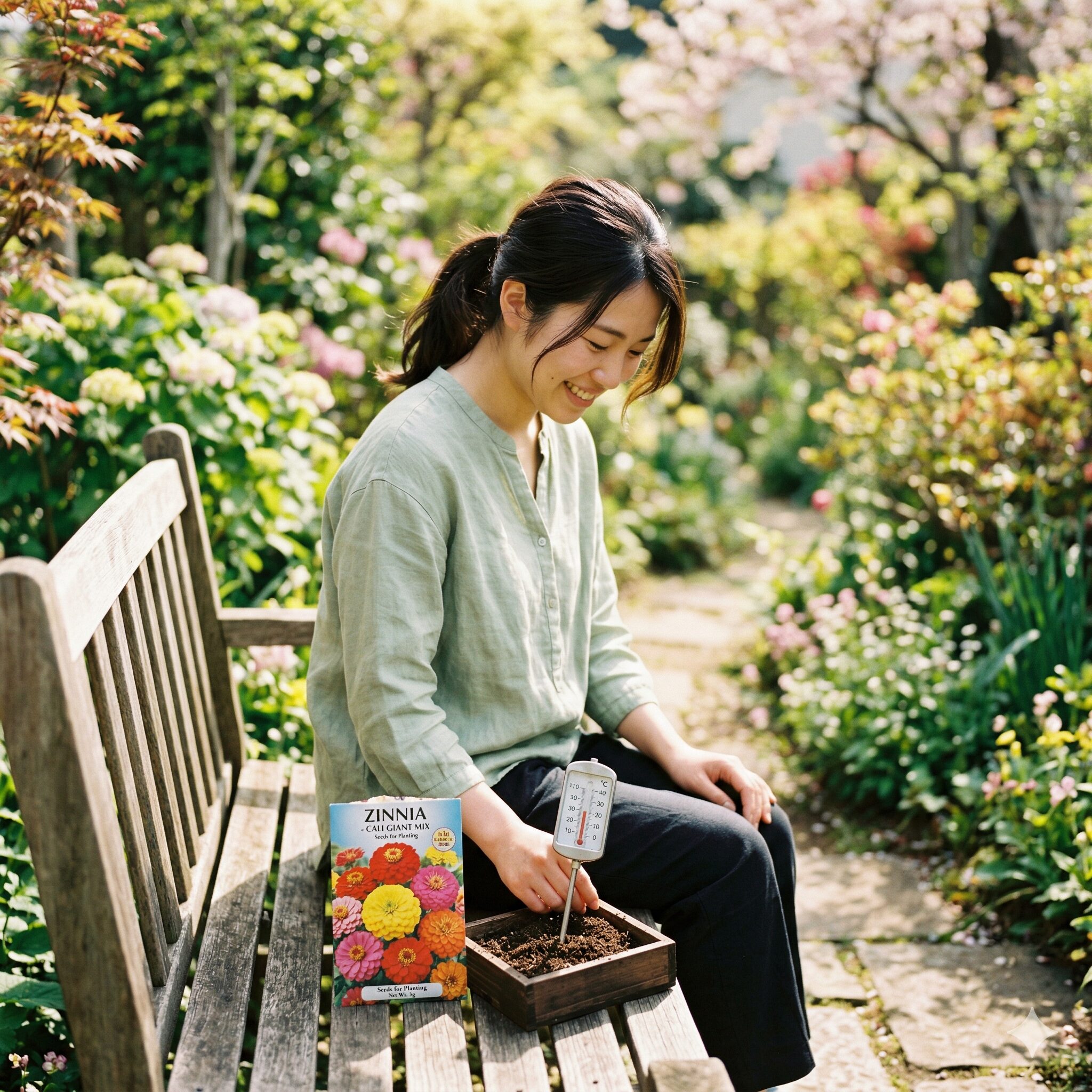 ジニア 育て方 種まき2 ジニアの育て方で重要な種まきの適温を確認するために園芸用温度計を用意した様子。