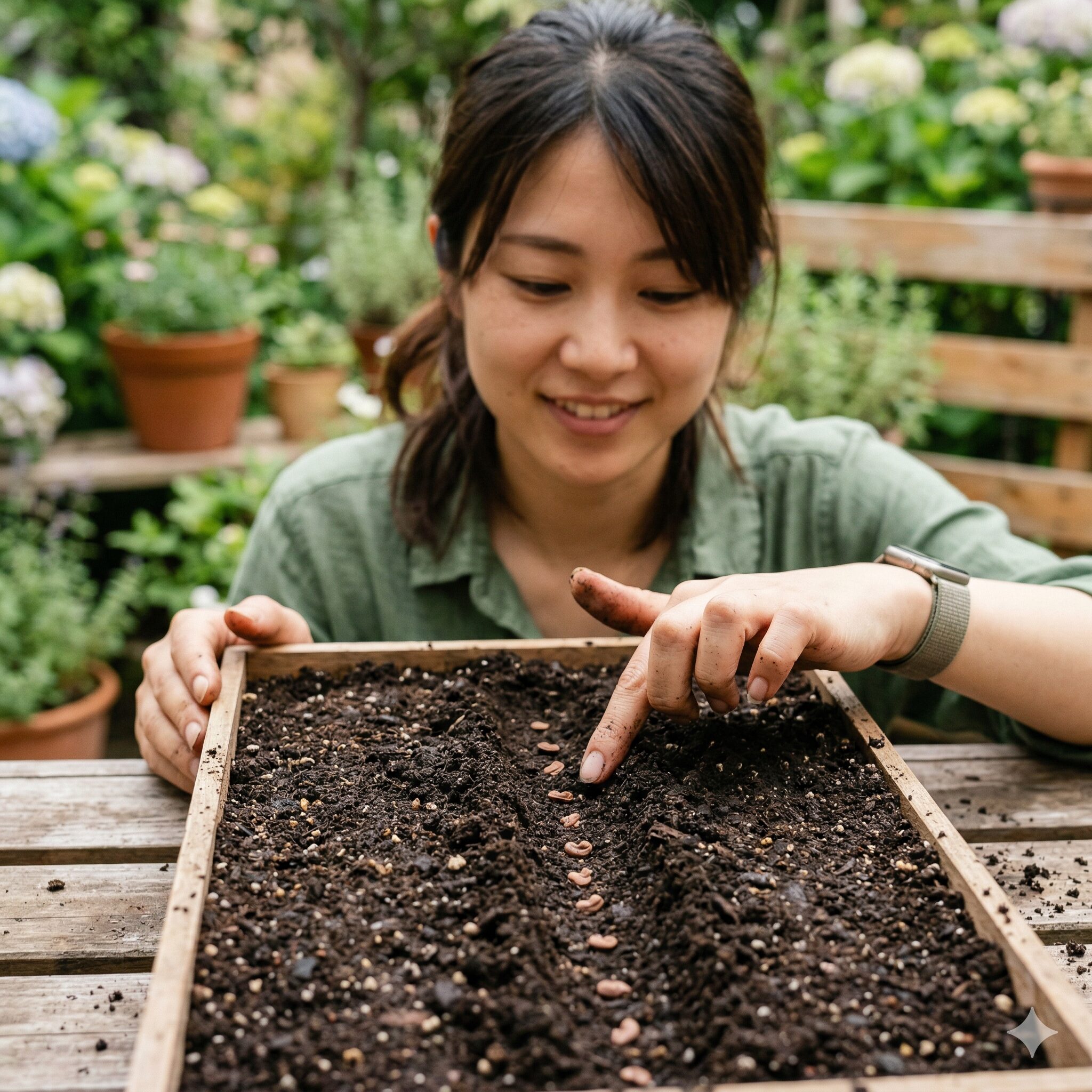 ジニア 育て方 種まき3 ジニアの種まきで嫌光性の性質を考慮し、指先で丁寧に土を被せて遮光する工程。