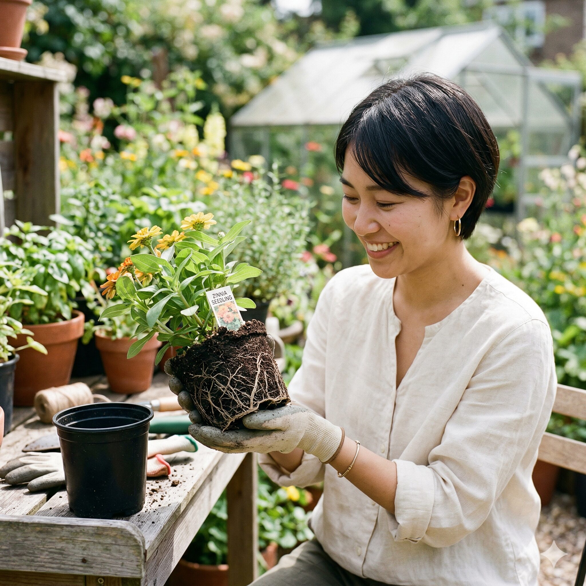 ジニア 育て方 種まき4 植え替え時に根を傷めないよう根鉢を崩さずポットから抜いたジニアの健康な苗。