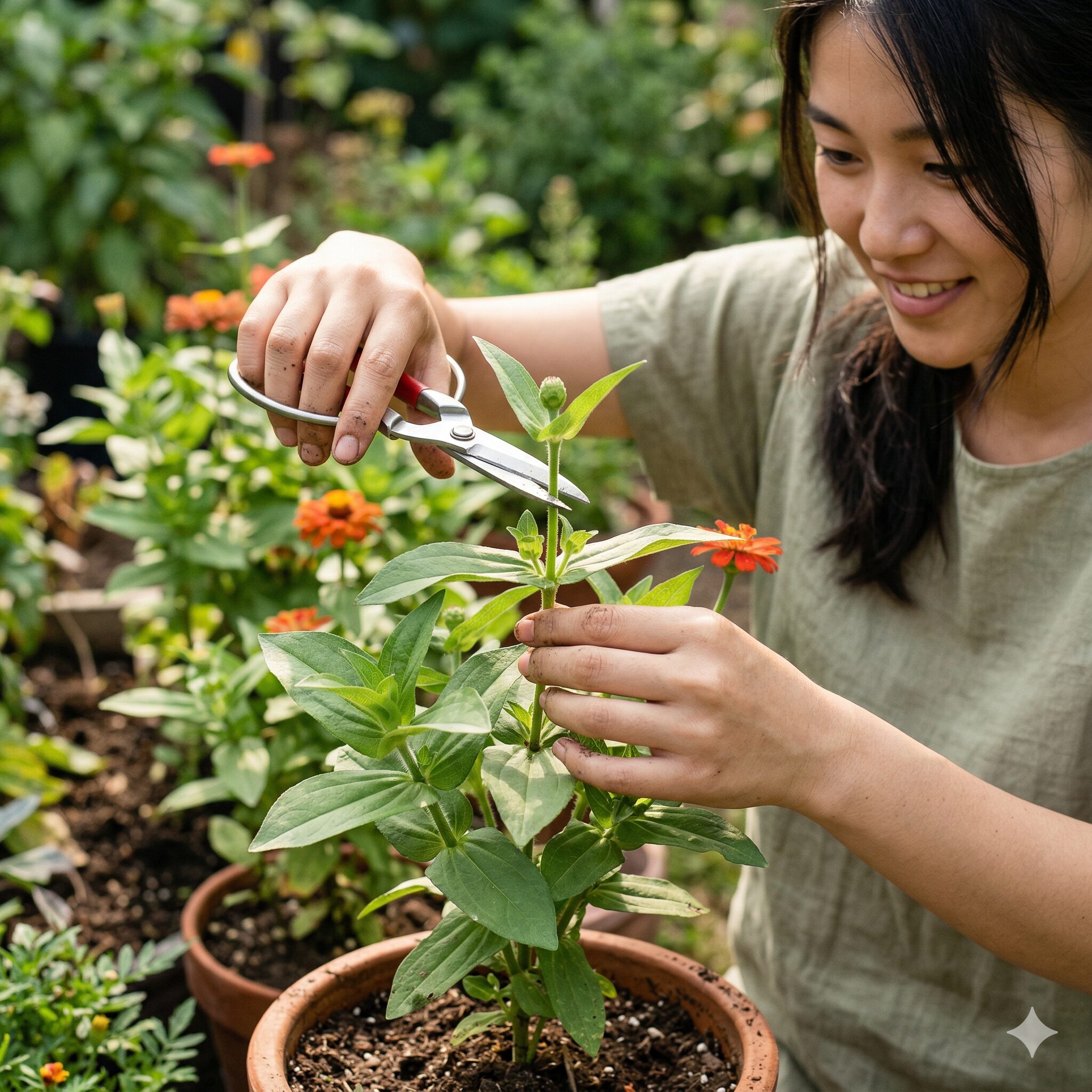 ジニア 育て方 種まき7 ジニアの育て方で花数を増やすために主軸の先端をカットする摘心(ピンチ)の作業。