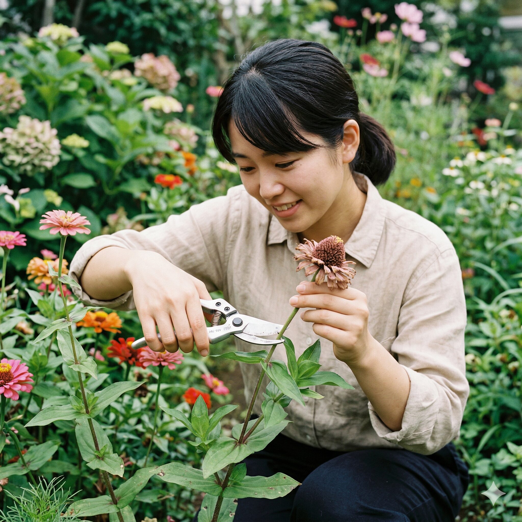 ジニア 育て方 種まき8 次の蕾に栄養を届けるために咲き終わったジニアの花をカットする花がら摘みの様子。