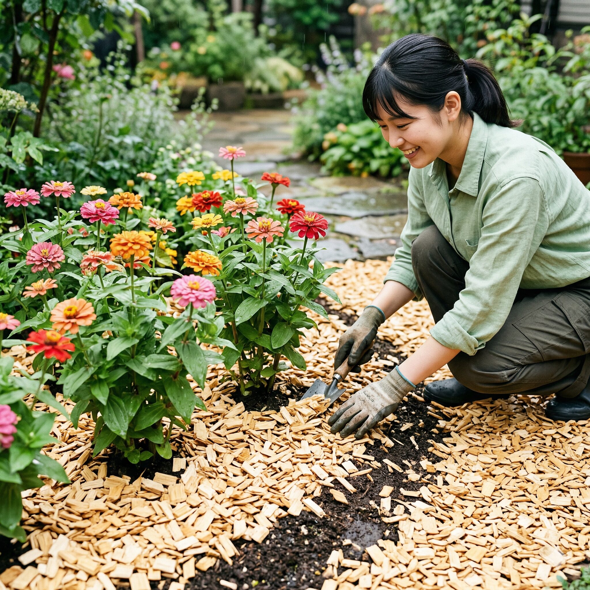 ジニア 育て方 種まき9 雨や水やりによる泥はね病を予防するためにバークチップでマルチングしたジニアの株元。