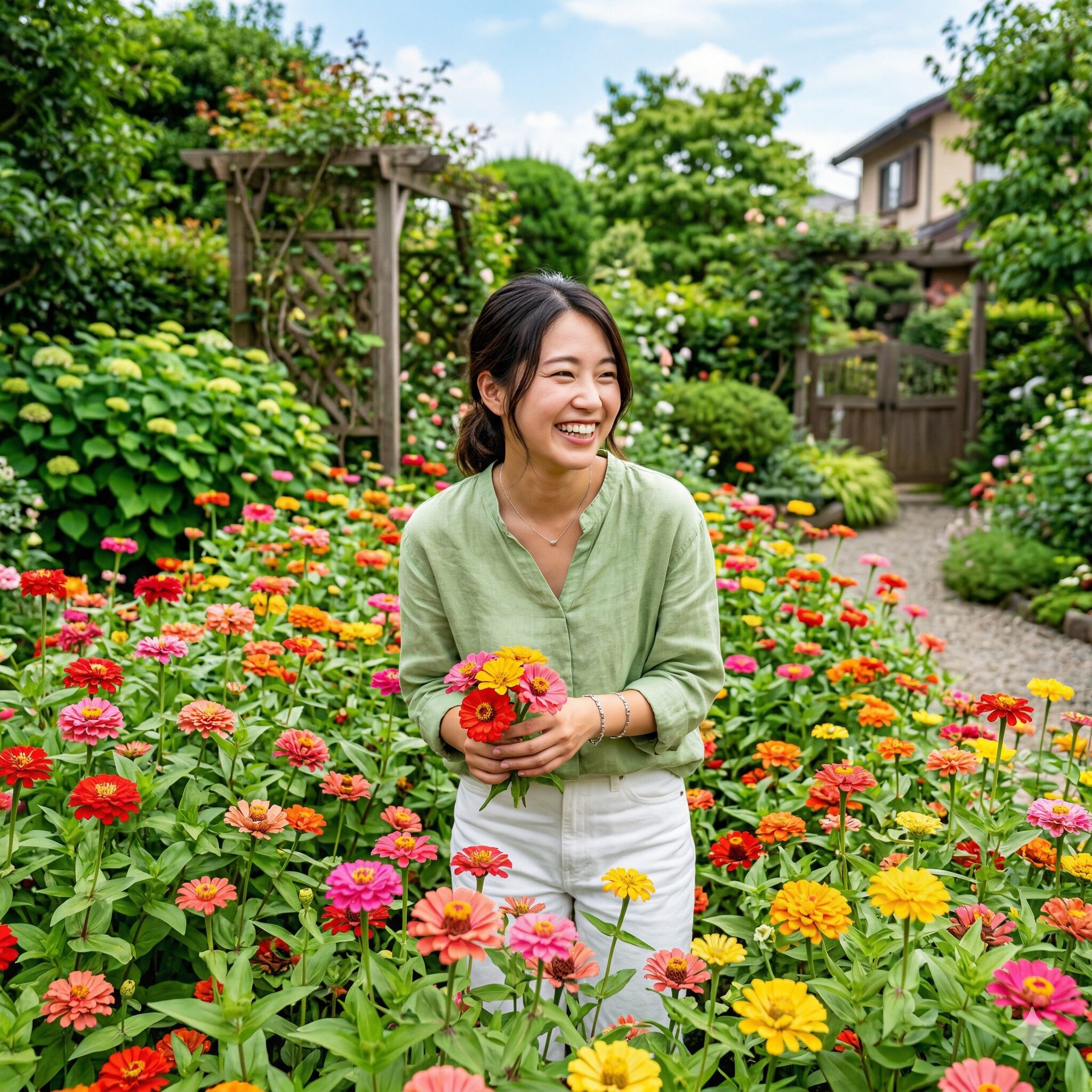 ジニア 開花時期1　夏の庭で色鮮やかに満開を迎え、開花時期を楽しませてくれるジニアの花々。