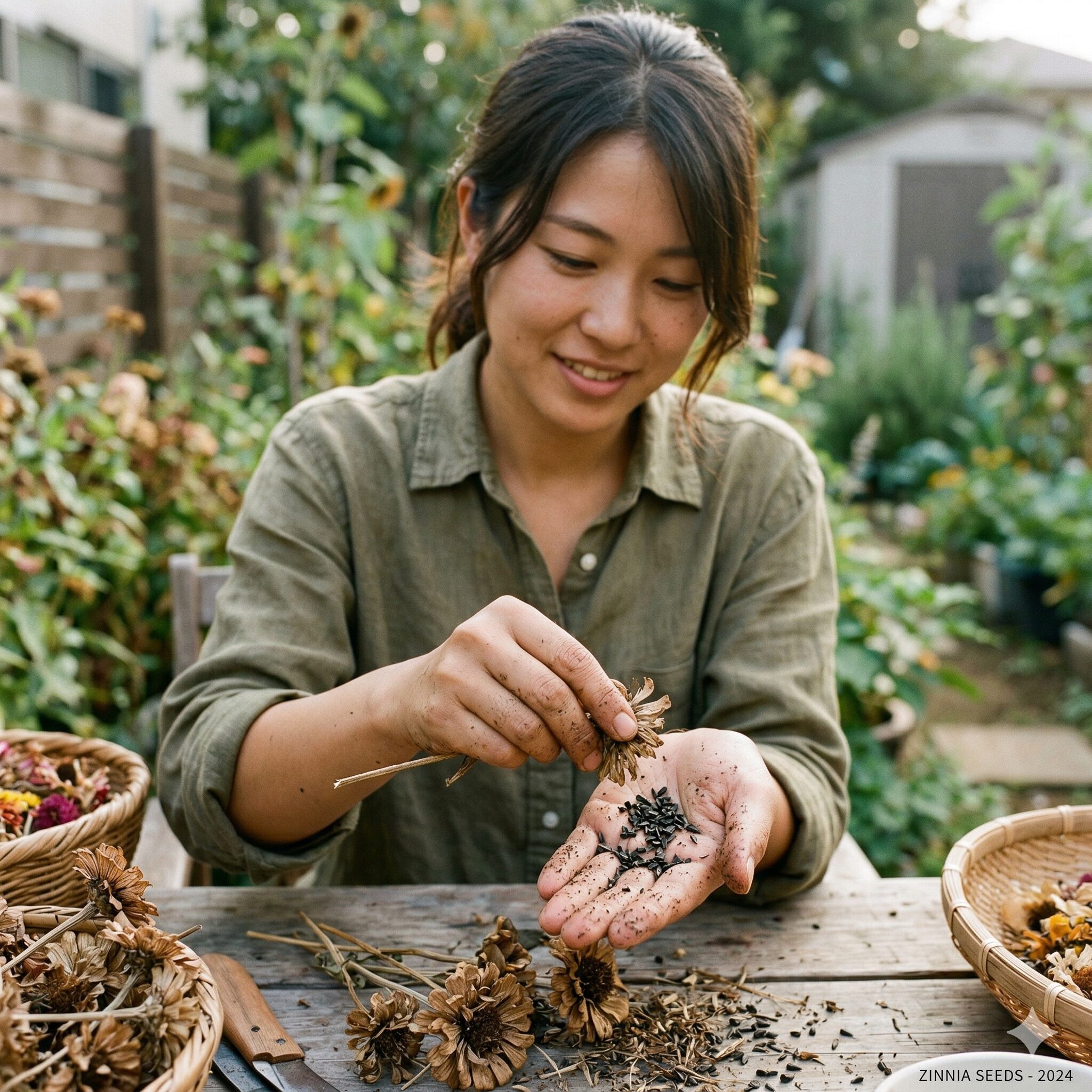 ジニア 開花時期10　来シーズンのために、枯れたジニアの花から翌年用の種を採取する自家採種の様子。