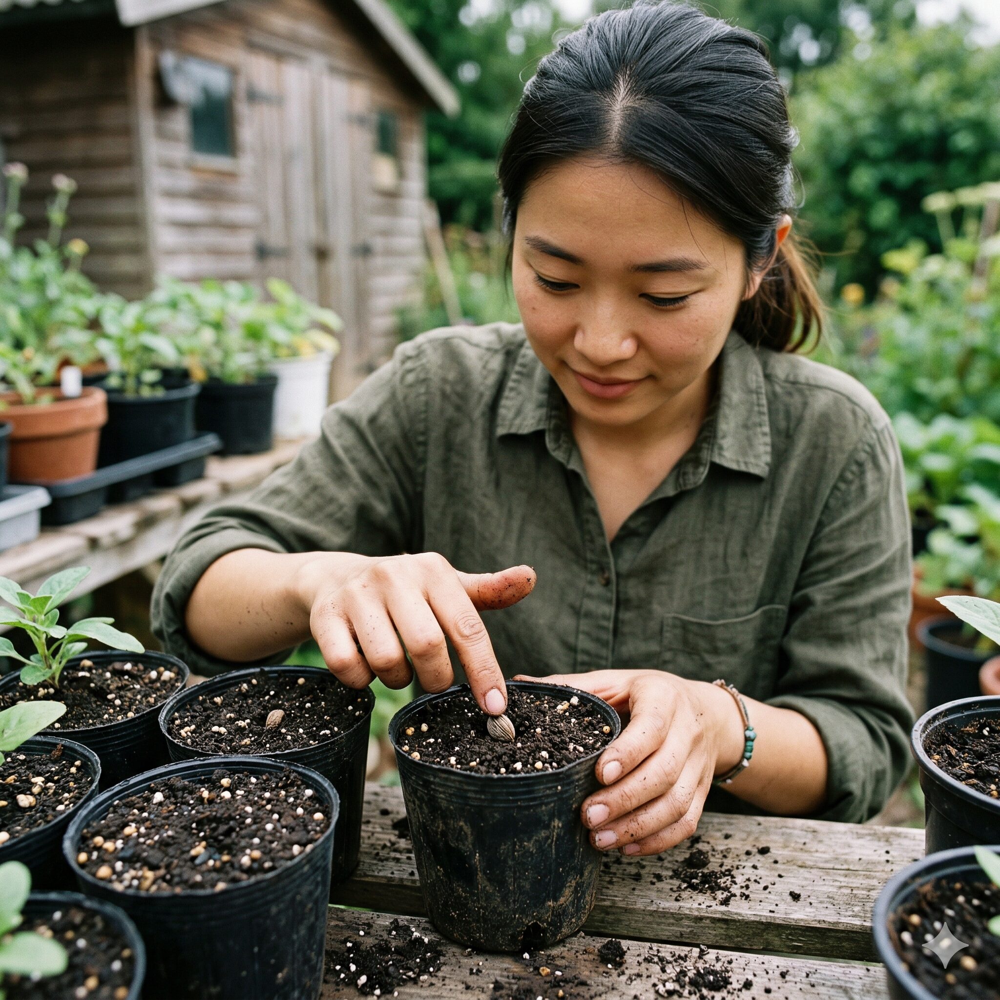 ジニア 開花時期2　ジニアの種まきで、発芽を促すために嫌光性の種に薄く土を被せる覆土の作業。