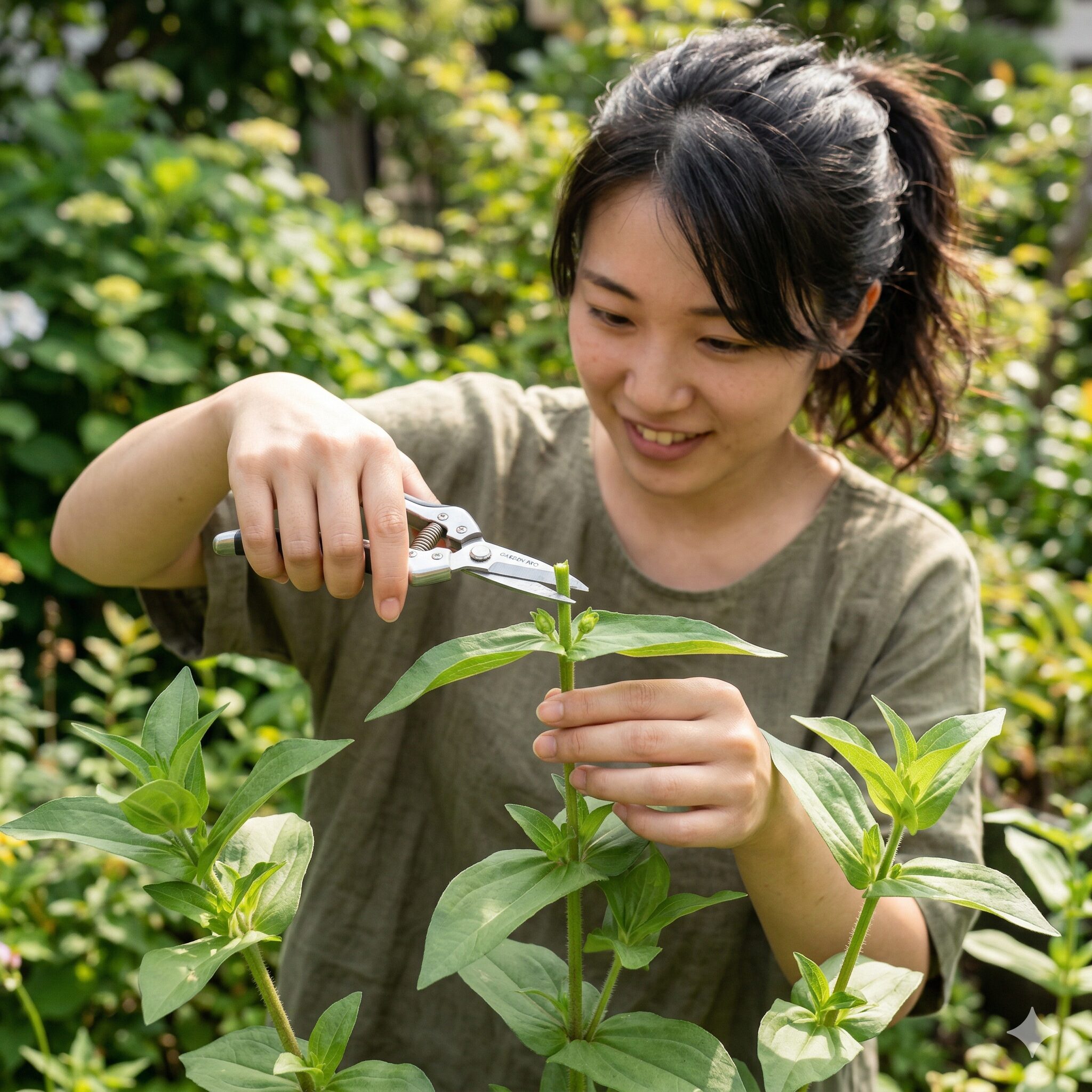 ジニア 開花時期5　ジニアの花数を増やすために、メインの茎の先端をカットする摘心（ピンチ）の作業。