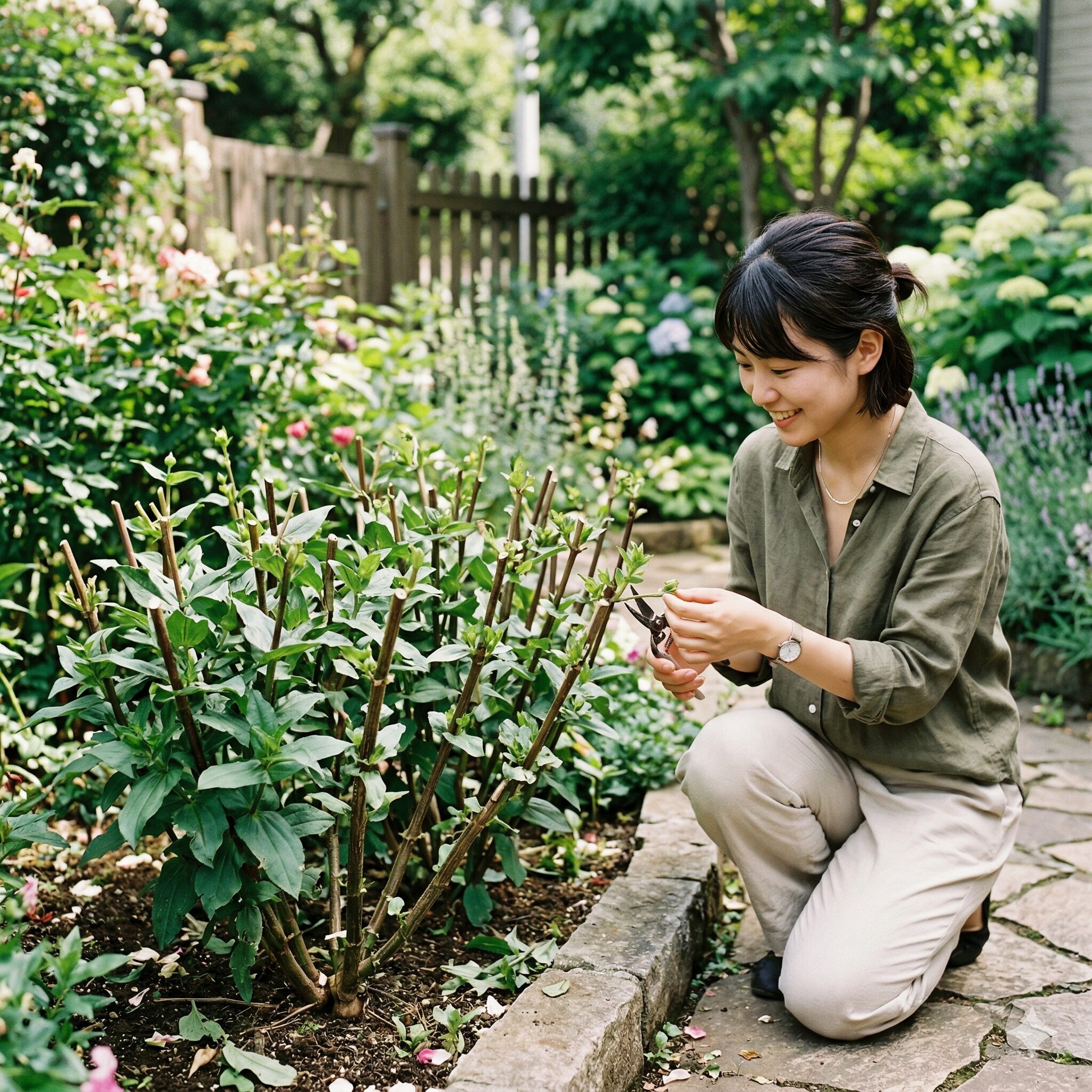 ジニア 開花時期6　秋に再び花を咲かせるために、夏場にジニアの株をリフレッシュさせる切り戻し剪定。