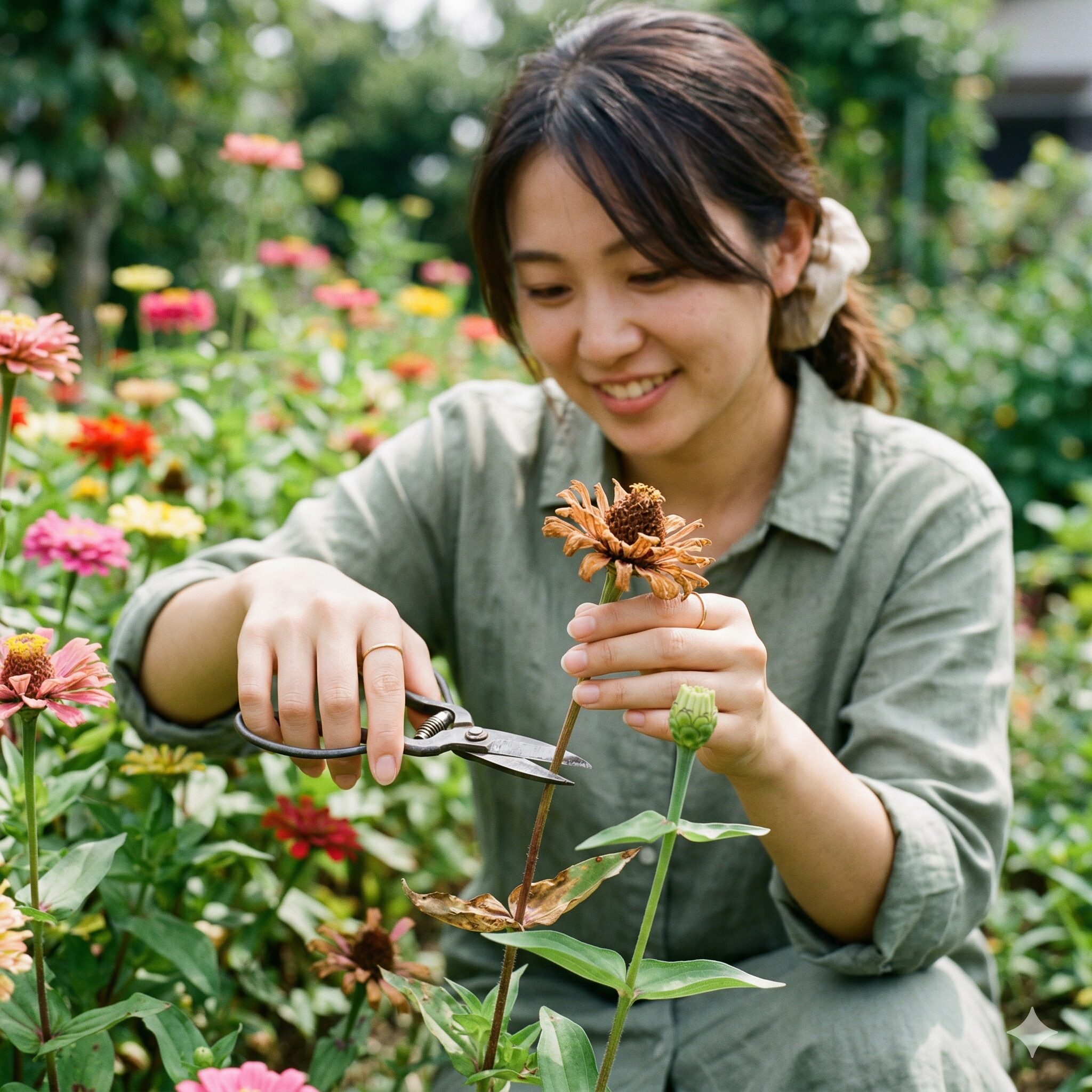 ジニア 開花時期7　ジニアの開花期間を延ばすために、終わった花を摘み取る花がら摘みのメンテナンス。