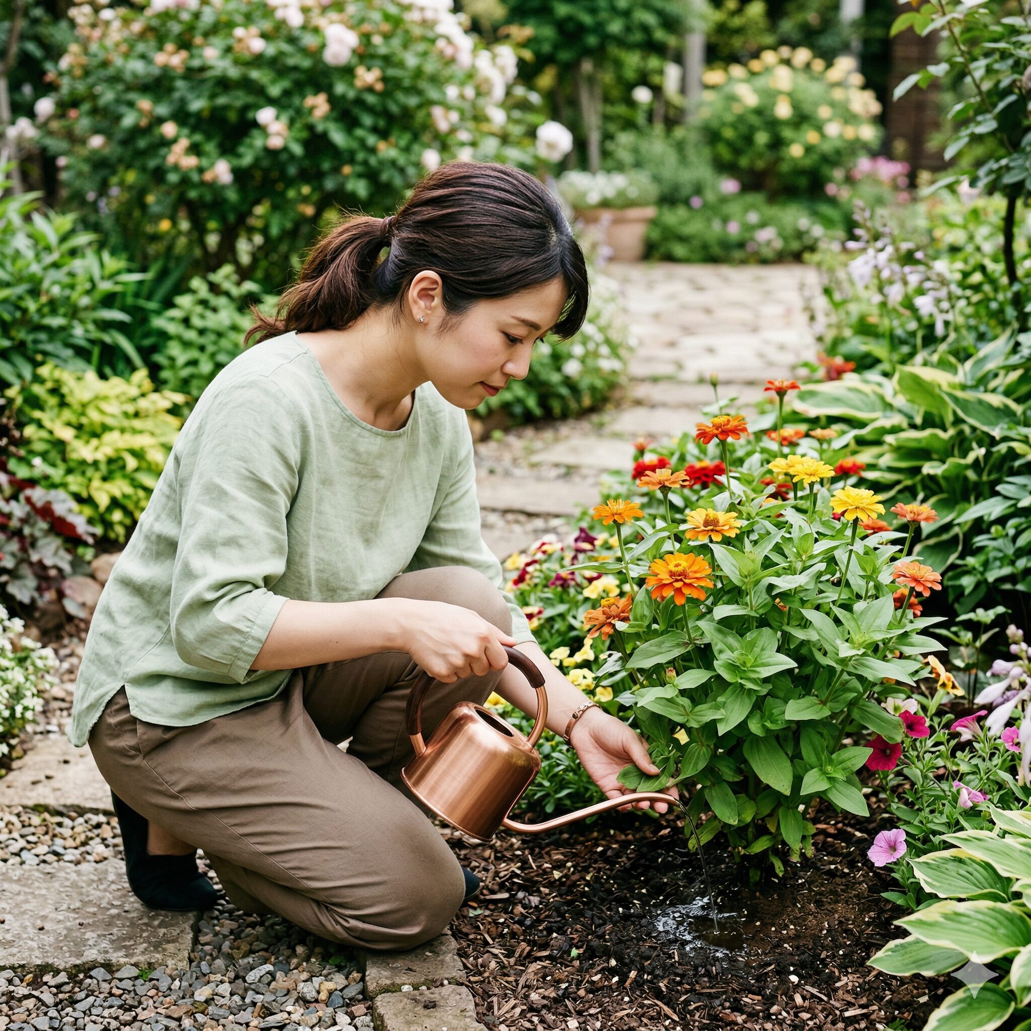 ジニア 開花時期8　開花中のジニアに栄養を補給し、花色を良くするために株元へ行う液体肥料の追肥。