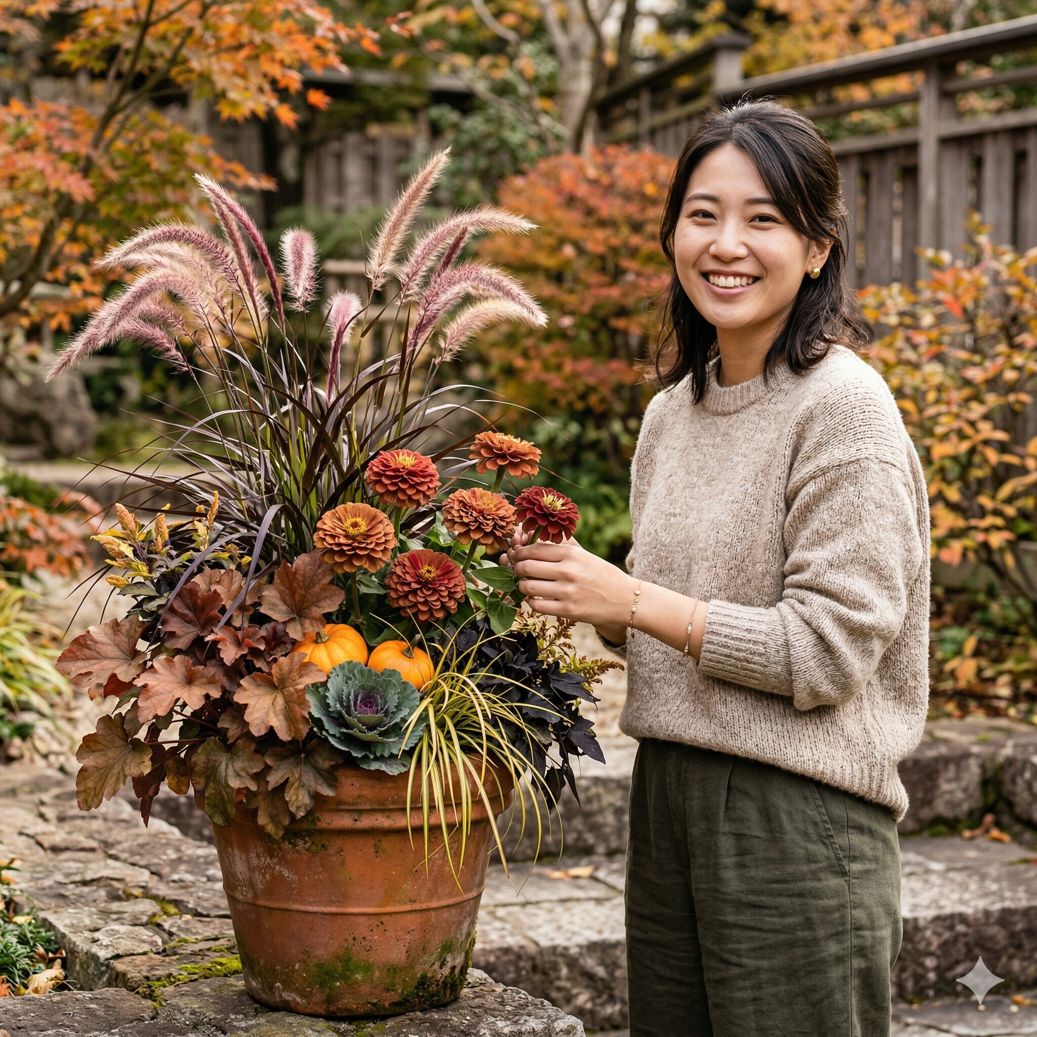 ジニア 開花時期9　深まる秋の庭を演出する、ジニアとカラーリーフを組み合わせたおしゃれな寄せ植え。