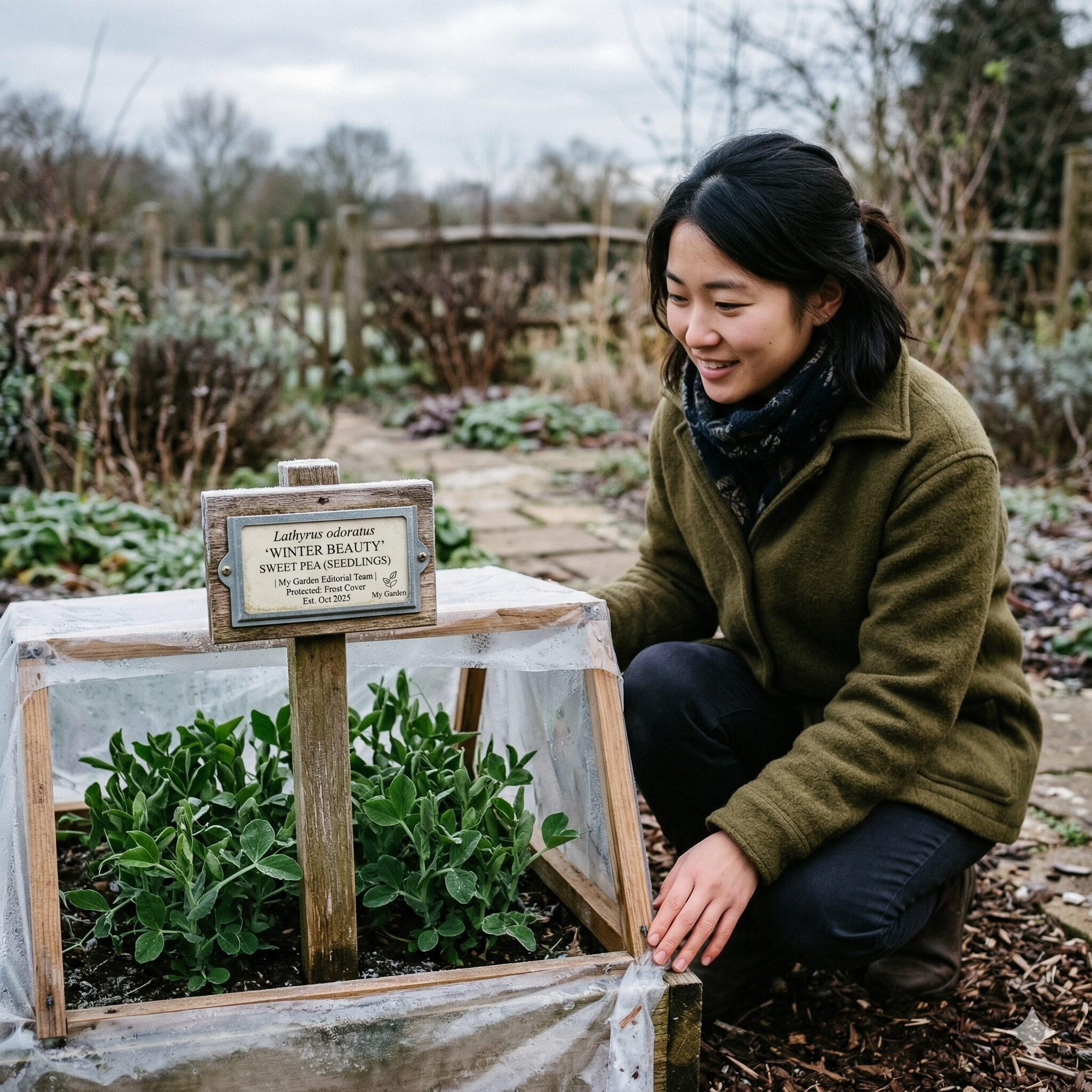 スイートピー 冬越し1　スイートピーの冬越し：霜よけ対策を施された元気な幼苗。