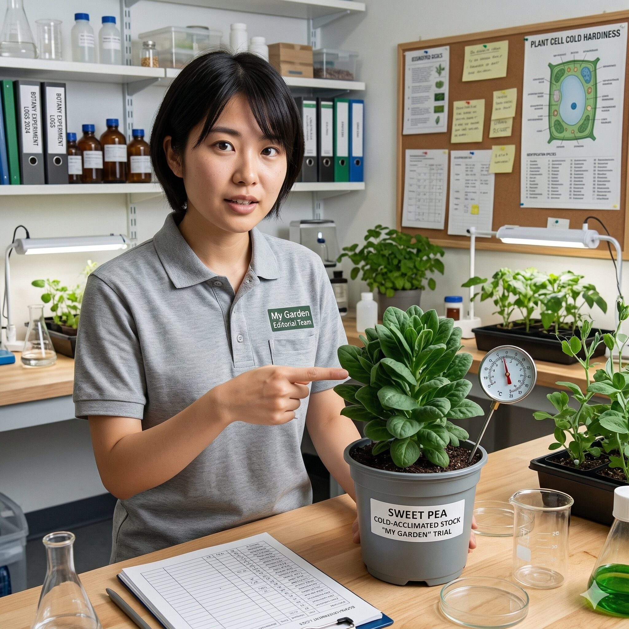 スイートピー 冬越し2 低温に耐える準備(低温順化)ができたスイートピーの株と温度計。