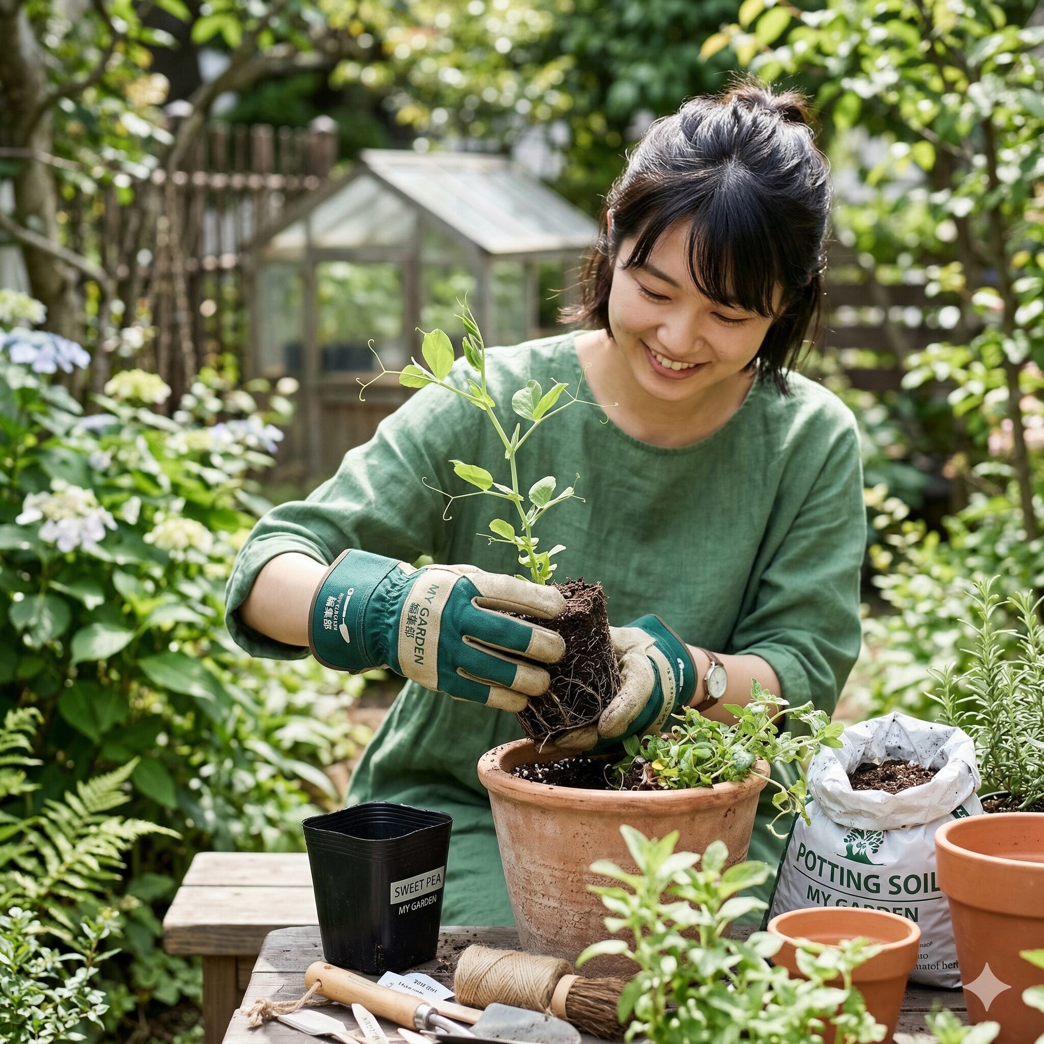 スイートピー 冬越し4 スイートピーの鉢上げ作業:ポリポットから大きな鉢へ植え替える様子。