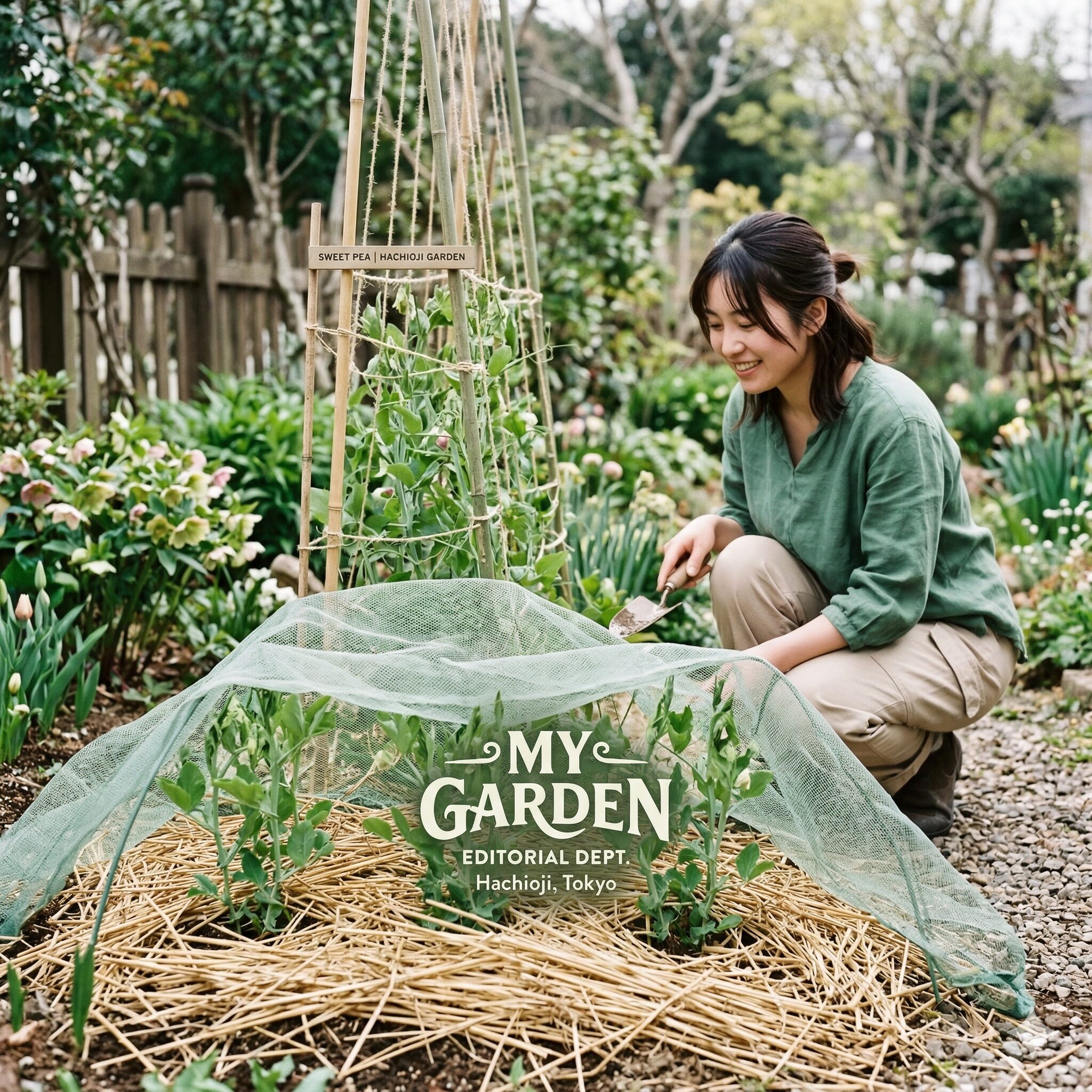 スイートピー 冬越し5 地植えスイートピーの株元に敷き詰められた稲わらマルチ。