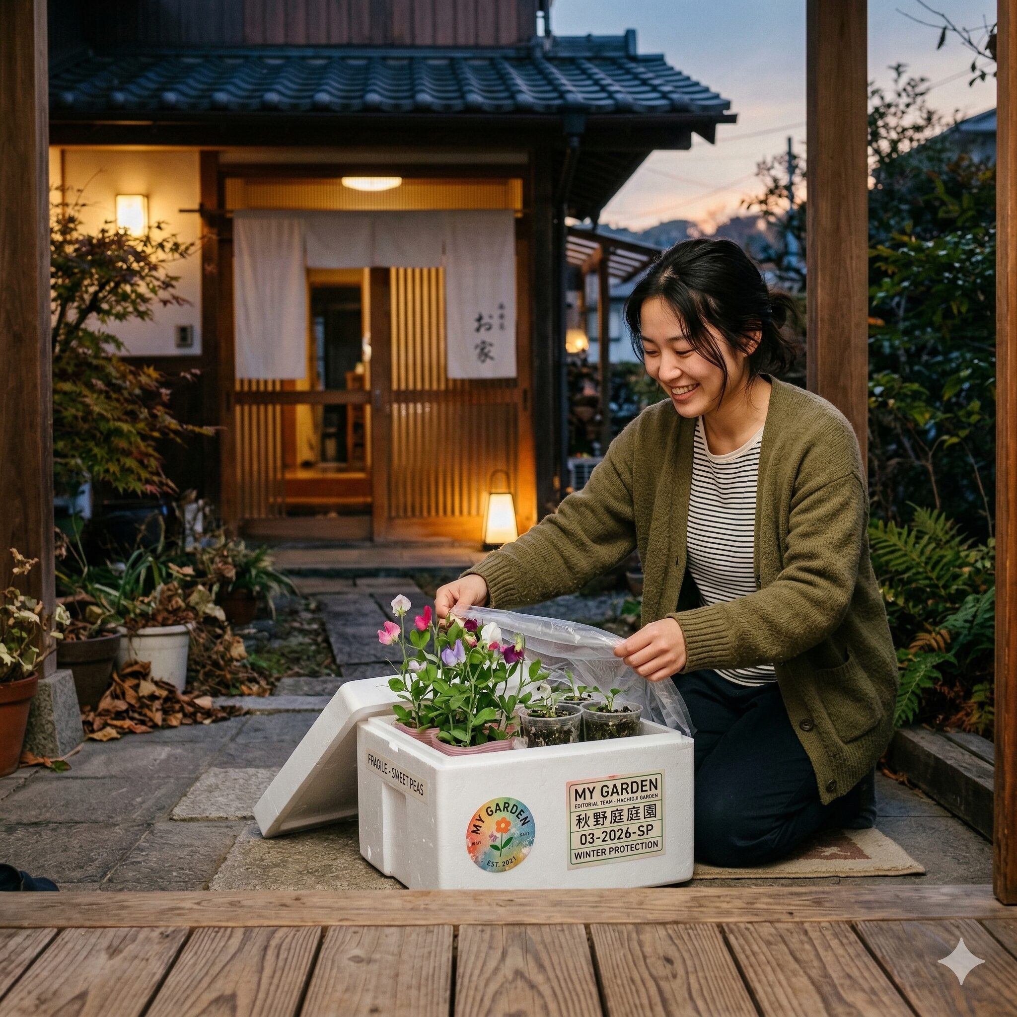 スイートピー 冬越し6 夜間の凍結を防ぐため発泡スチロール箱に入れられたスイートピーの鉢。