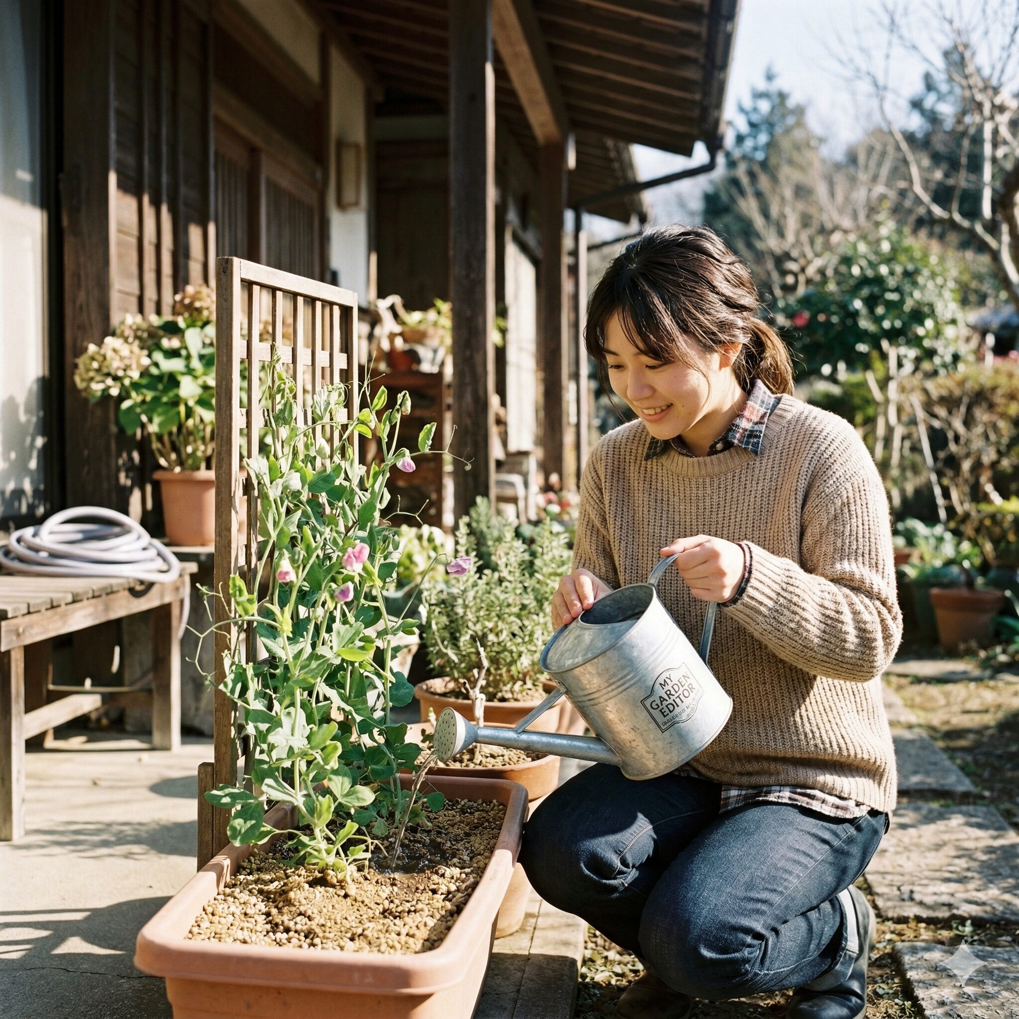 スイートピー 冬越し7 冬の午前中、スイートピーの株元にそっと水やりをする様子。