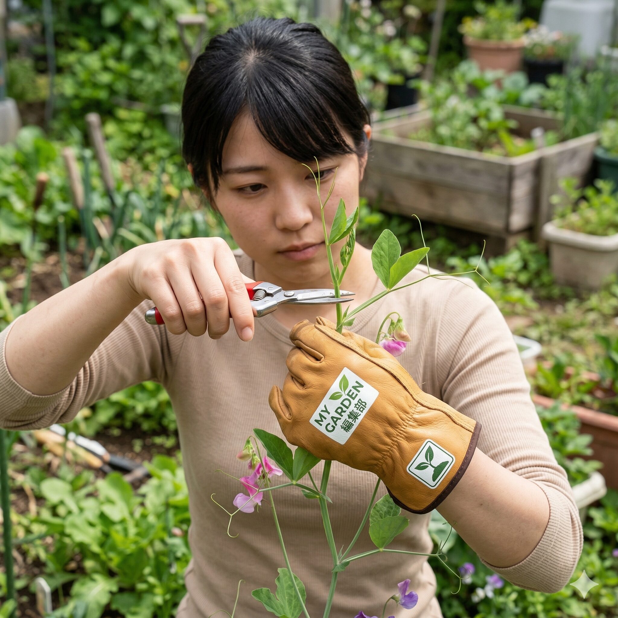 スイートピー 冬越し8 スイートピーの摘心(ピンチ)作業:主枝の成長点をカットする様子。