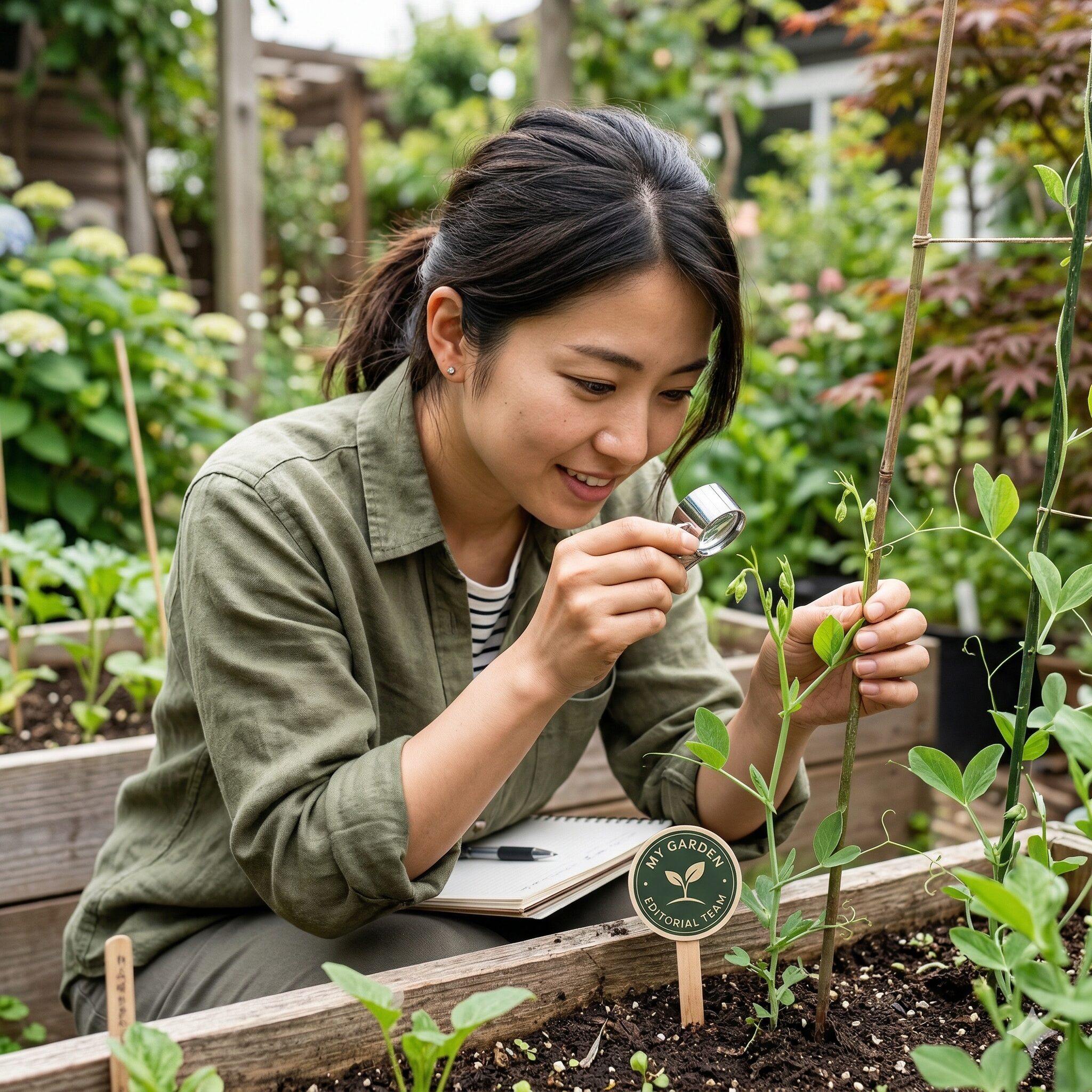 スイートピー 冬越し9 ルーペを使いスイートピーの新芽を観察し、アブラムシを確認する様子。