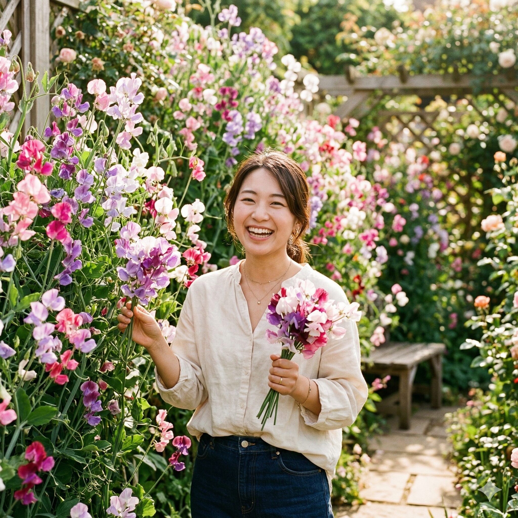 スイートピー 摘心1　春の庭で満開に咲き誇るピンクや紫のスイートピーの花