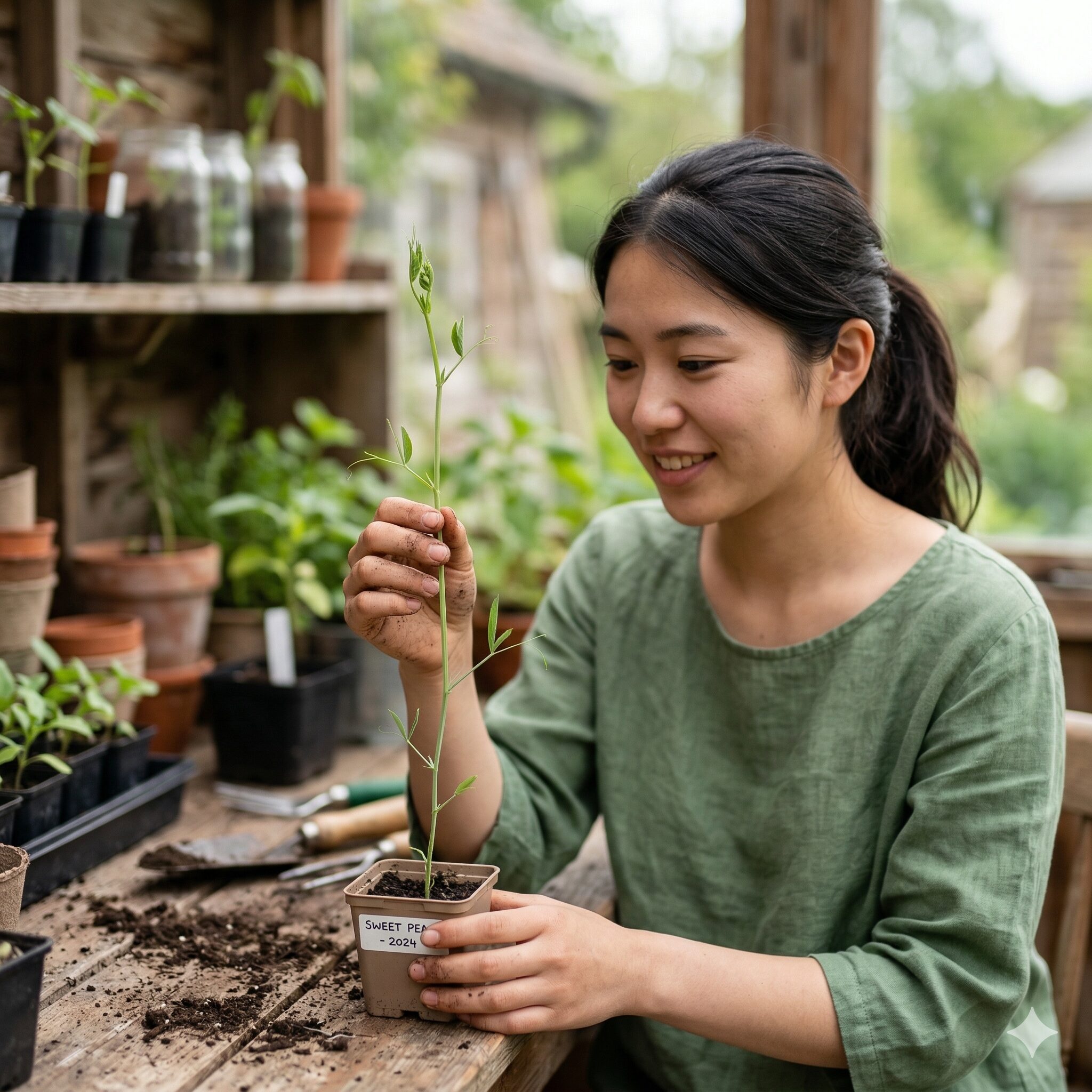 スイートピー 摘心2 ひょろひょろと1本だけ伸びた、摘心前のスイートピーの苗