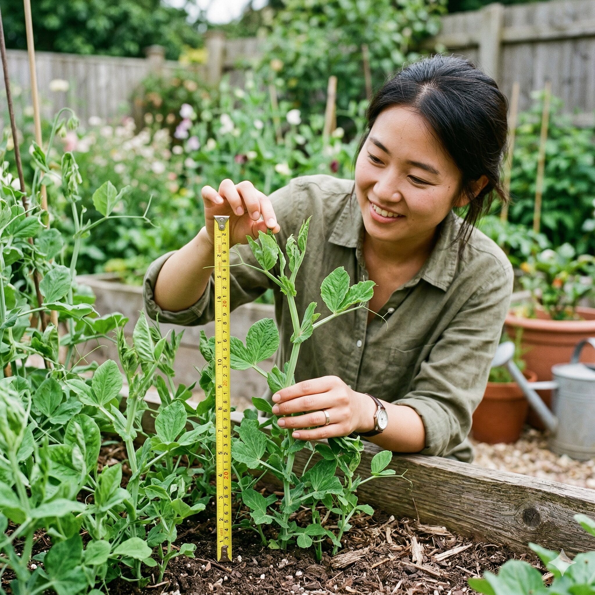 スイートピー 摘心3 約20cmに伸び、摘心の適期を迎えた元気なスイートピーの苗と執筆者の手