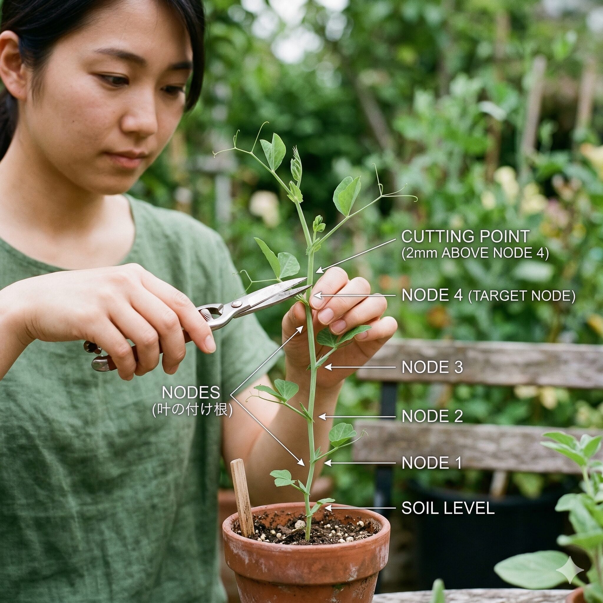 スイートピー 摘心4 スイートピーの苗の節を確認し、ハサミを添えて正確な摘心位置を示す執筆者の手