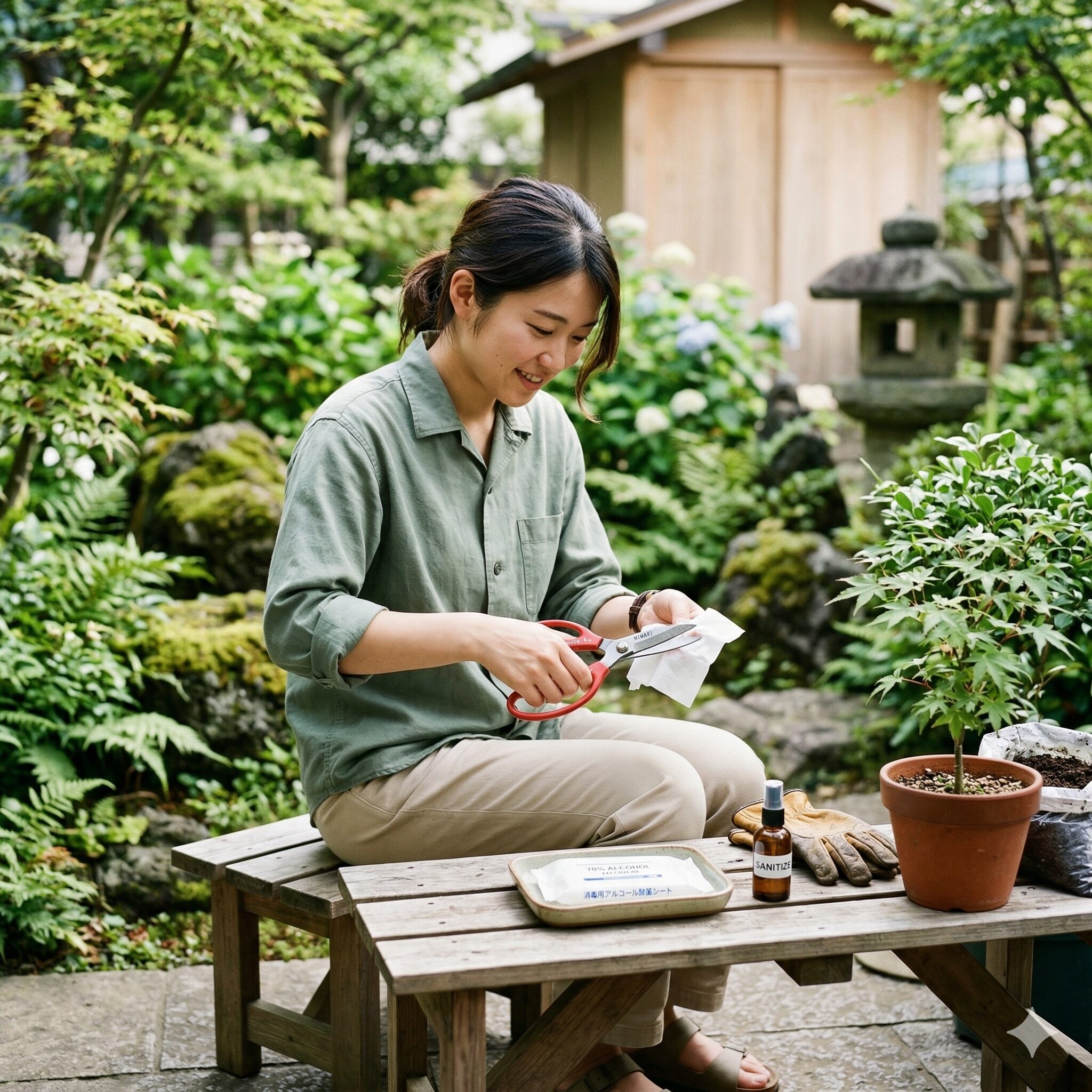 スイートピー 摘心5 摘心作業の前に、ハサミの刃をアルコール除菌シートで消毒する執筆者の手