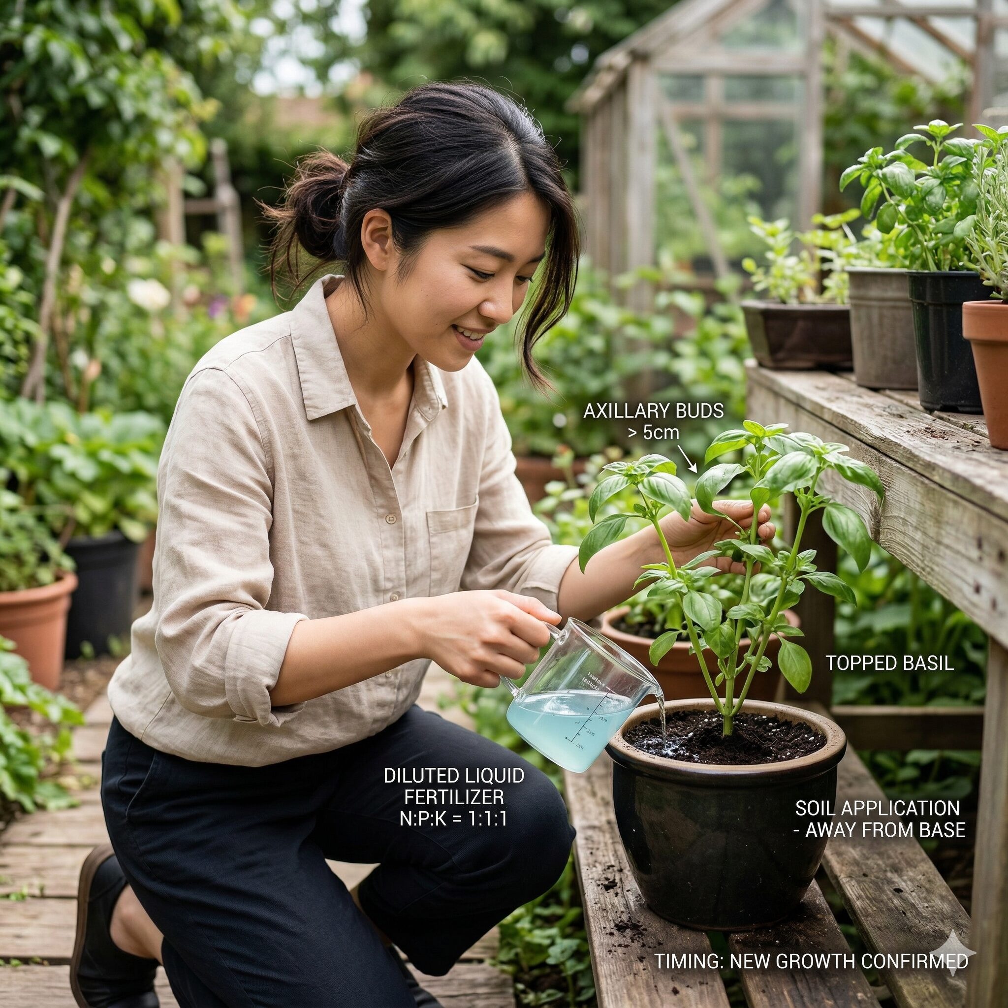 スイートピー 摘心7 スイートピーの脇芽が伸びたタイミングで、液体肥料を追肥する執筆者の手
