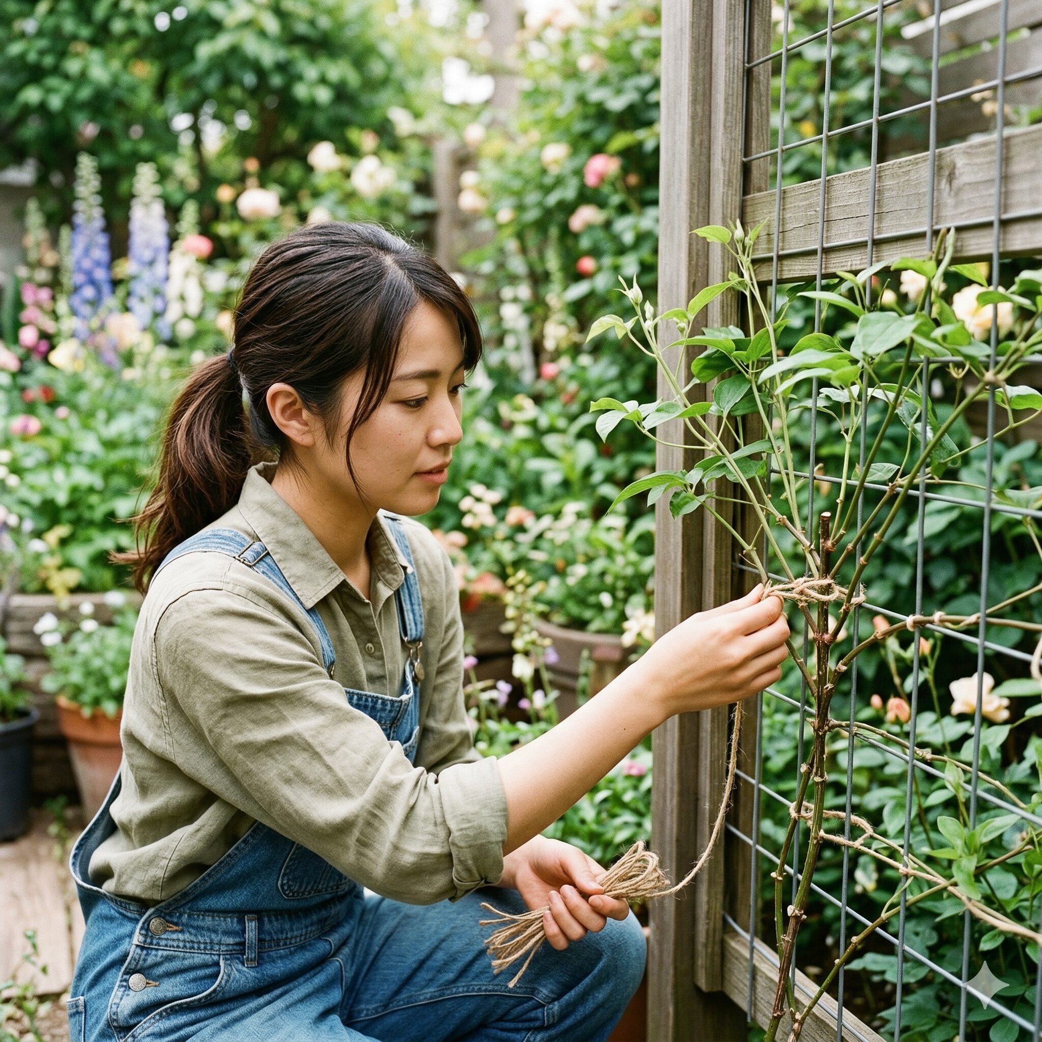 スイートピー 摘心8 摘心後に増えた側枝を、麻紐でネットに優しく誘引する執筆者の手